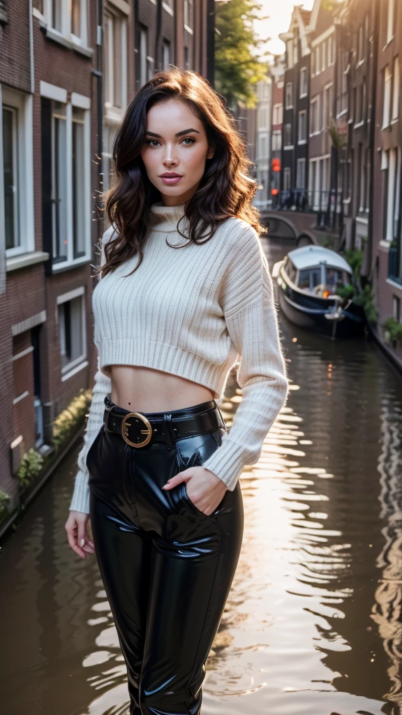 Foreground: a gorgeous woman, Megan Fox, wet wavy hair in the wind. she's a men magazine model, She has a subtle smile and flirts with the camera, (she wears casual shirt with a long wool sweater and latex pants with big belt:1.2),background walking in Amsterdam, (Amsterdam canals at sunset lighting:1.3), red light district Amsterdam, perfect eyes, perfect hands, perfect body, perfect hair, perfect breast, hair behind ear, UHD, retina, masterpiece, accurate, anatomically correct, textured skin, super detail, high details, high quality, award winning, best quality, highres, 16k, 8k,