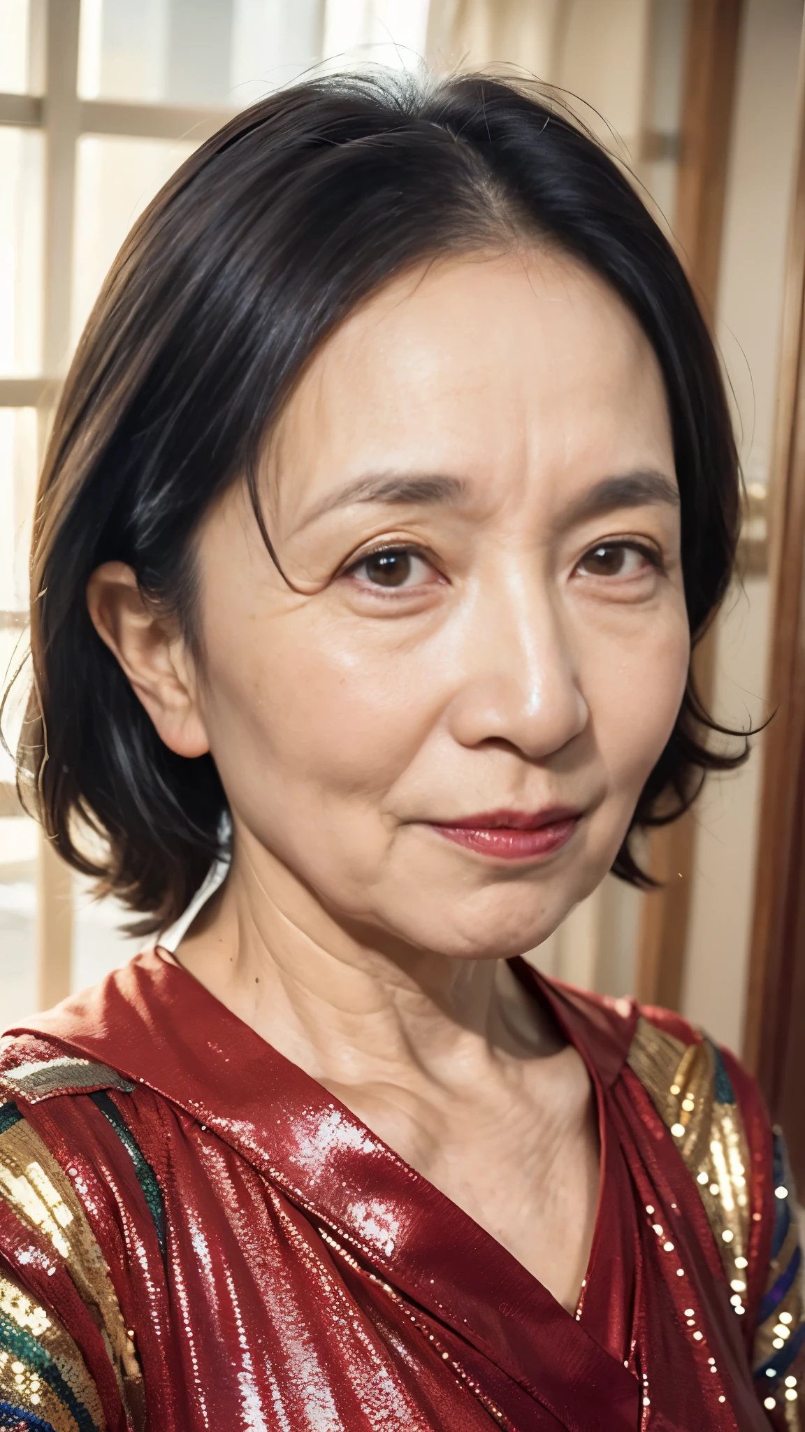 Masterpiece, ((Great focus)), 32K, Beautiful finish, ID photo, Beautiful mature woman, 70-year-old woman, Face close-up, Sharp Eyes, Trimmed hairstyle, Long face, (Thin and high nose), Red lips, Thin lips, Golden sequin dress, Light from the front,