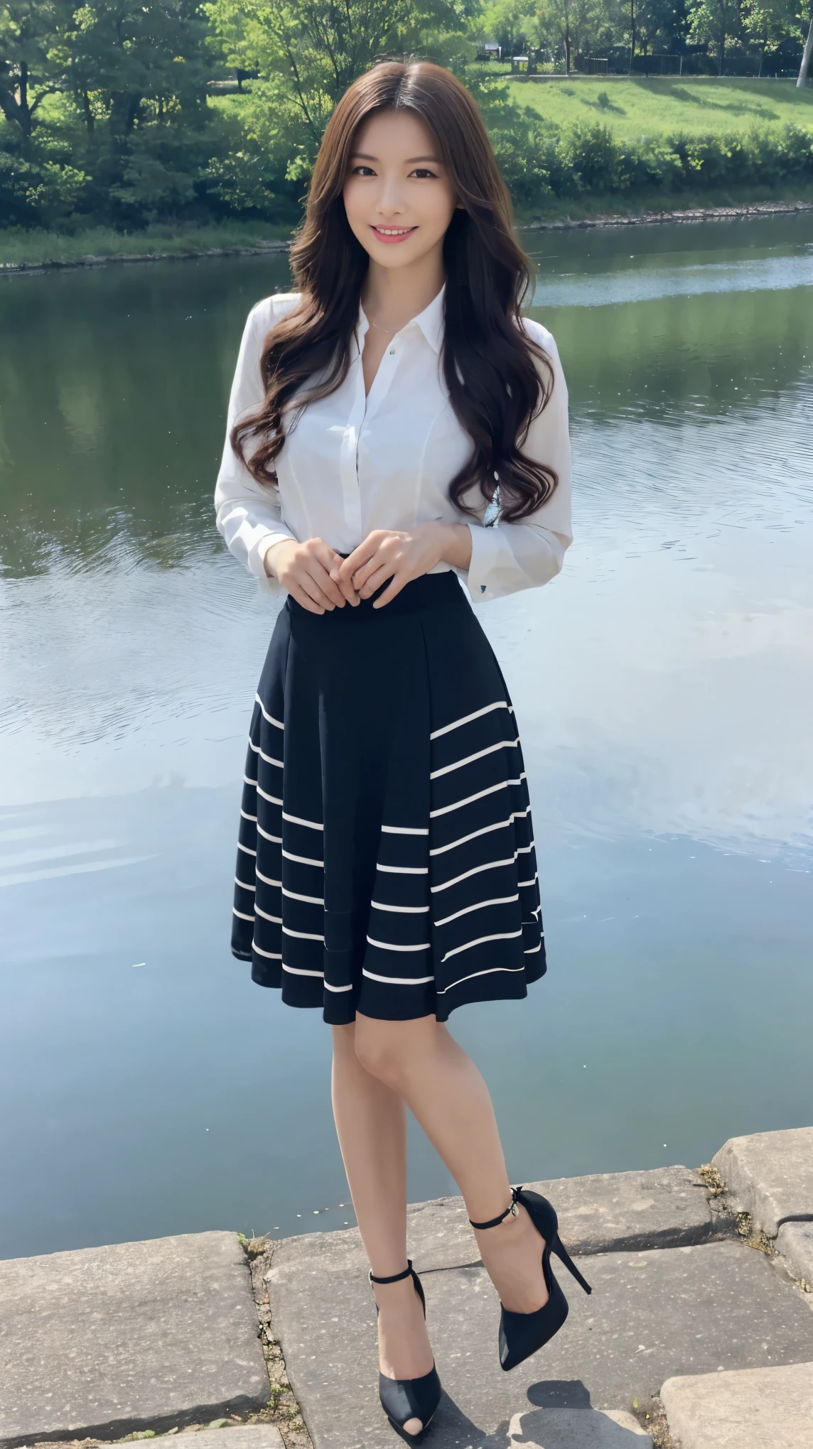 ((masterpiece)),(((Highest quality))),A low-angle shot that highlights her beautiful thighs and crotch:1.5,Long legs,The best smile:1.5，Slim figure:1.5，whole body:1.5，(One Girl:1.3),(Viewer Display:1.4)，(Pointy high heels:1.3),(Standing with legs wide apart by the lake:1.2),(Wearing a striped long skirt dress:1.2),Long Curly Hair:1.5，