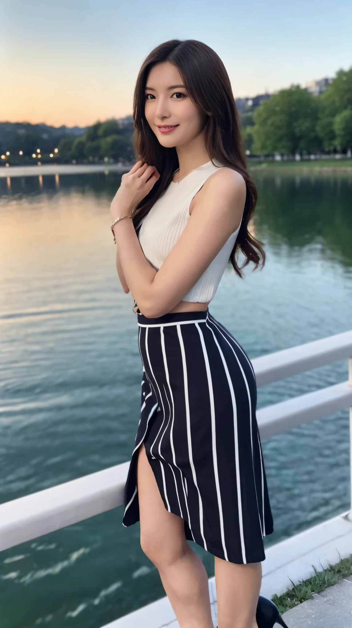 ((masterpiece)),(((Highest quality))),A low-angle shot that highlights her beautiful thighs and crotch:1.5,Long legs,The best smile:1.5，Slim figure:1.5，whole body:1.5，(One Girl:1.3),(Viewer Display:1.4)，(Pointy high heels:1.3),(Standing with legs wide apart by the lake:1.2),(Wearing a striped long skirt dress:1.2),Long Curly Hair:1.5，
