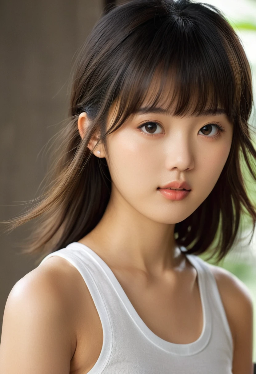 score_9, score_8_up, score_7_up,
,photo, cute asian woman, 1girl, solo,
bangs hair,14yo, 
Best Quality, Photorealistic, High resolution, 8K, Ultra-detailed, Detailed face, , japanese girl,, faint smile, face,  body, white tanktop, breasts,Expressiveh,