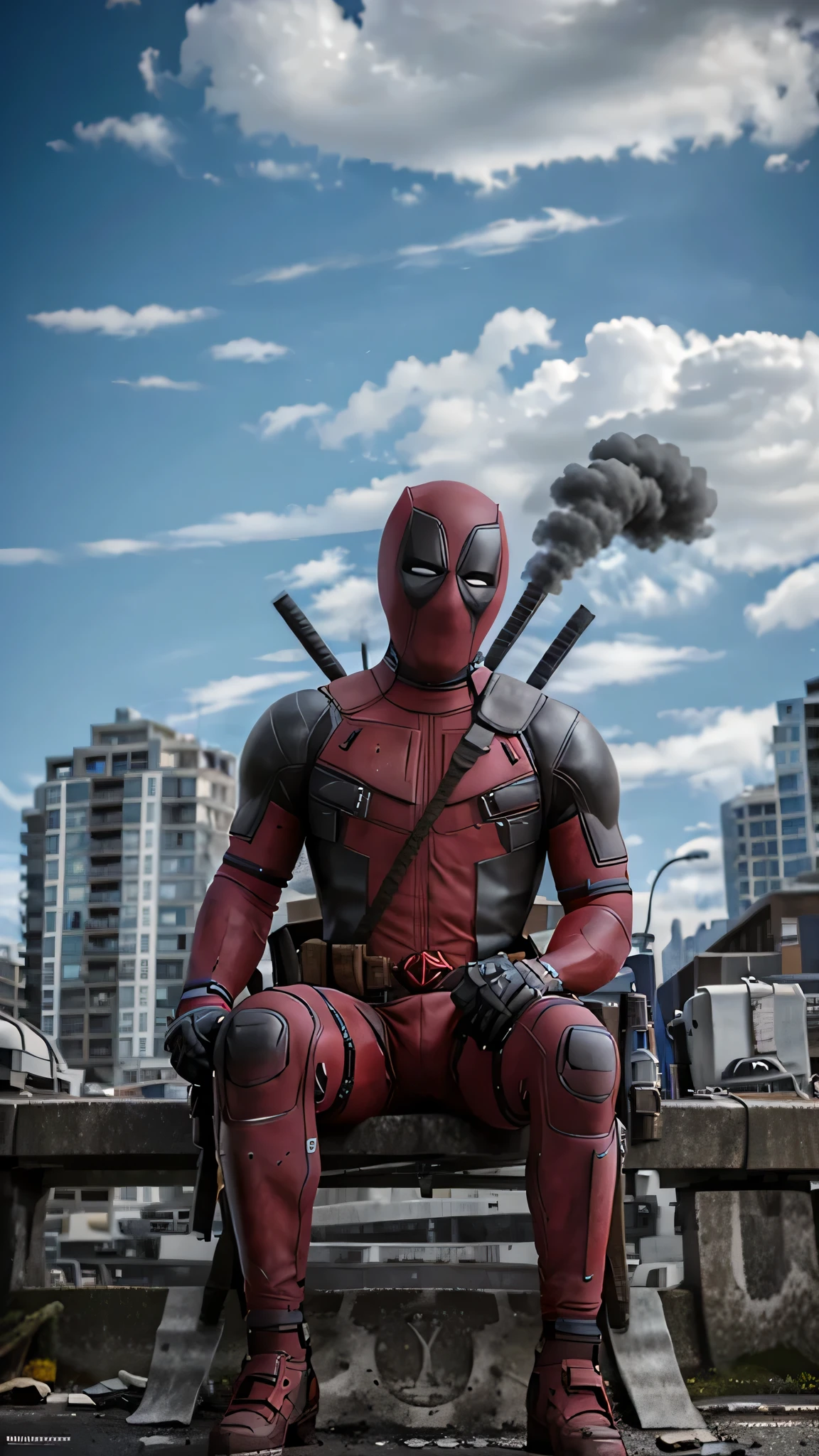 masterpiece, best quality, ultra high res, photorealistic, Deadpool, sitting on a chair, streets, destruction, ruins, dark theme, outdoor, city explosion, bomb, (fire), smoke, 