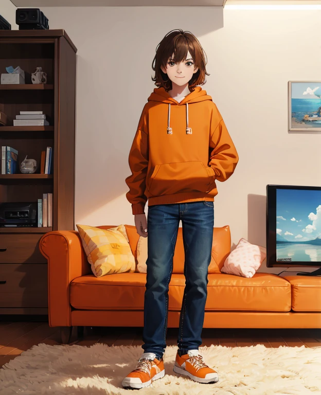 8K, Ultra HD, super details, high quality, high resolution, Masterpiece, intricate details, full body portrait, front view, 1boy, solo, boy, teenage maleng brown hair, bangs, blue eyes, looking at viewer, amused expression, arrogant smile, ((Wearing: Orange Hoodie, blue jeans, and sneakers)), standing, holding a Nintendo Switch with both hands, looking at viewer, (Background: Indoors, living room, couch, TV),