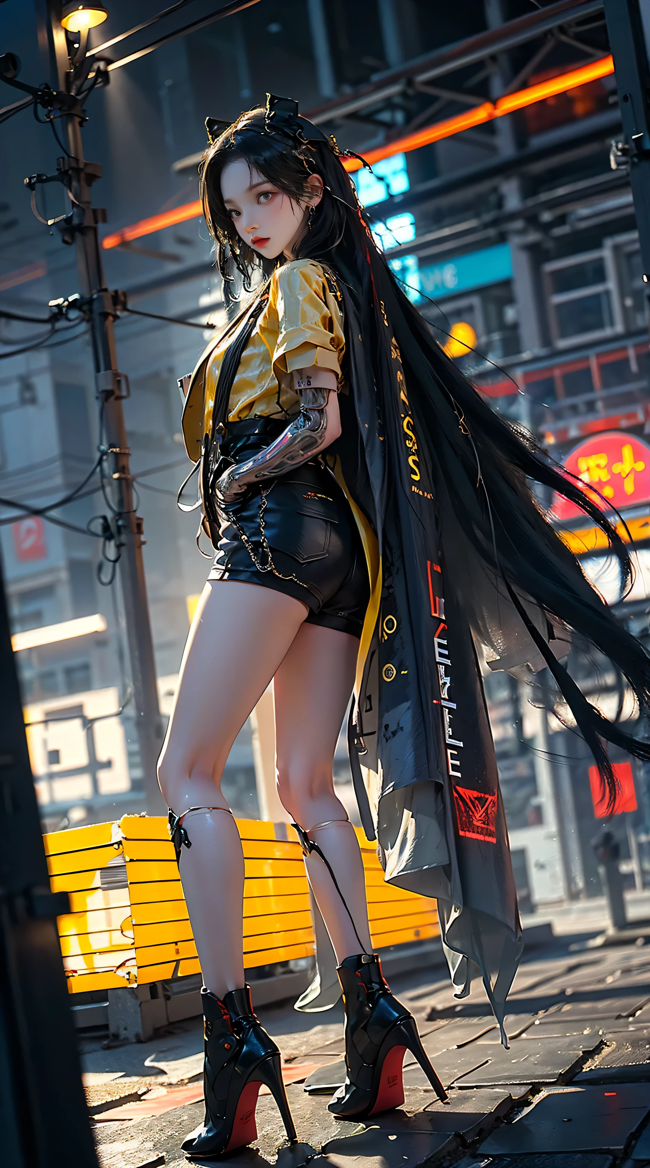 masterpiece,best quality,high resolution, 1 girl,from below,(매우 얇고 straight legs),,(매우 long legs,straight legs),,high heel,long legs,stand on all fours, 정면에서 보면 long legs, perfect body,with perfect legs,(Exterior),Telegraph slang,cyberpunk figures,dynamic pose,1 girl,Exquisite eyes,brown eyes,eye shadow,to put on make up,long gray hair, detailed face, detailed eyes, looking at viewer, blusher\(to put on make up\), plump lips, red lip,(long gray hair:1.3), (stand on all fours)Mechanically static,Summon Mech,(headdress:1.1),headgear,((((short yellow jacket,ultra shorts)))),(black lace stockings,stocking suspenders),city,Luminous winding,Holding a long sword in his hand,weapon,Cyberpunk Lighting:1.1),neon lights,Completely mechanical and futuristic elements,technology,배경은 중국 전통 distance,Chinatown, distance, sky sky, cyberpunk figures, lantern, Neon Super Resolution,(realism:1.3),1(slim:1.2),dramatic lighting,vivid details,classy cyberpunk,complex background,Rendering with high octane,