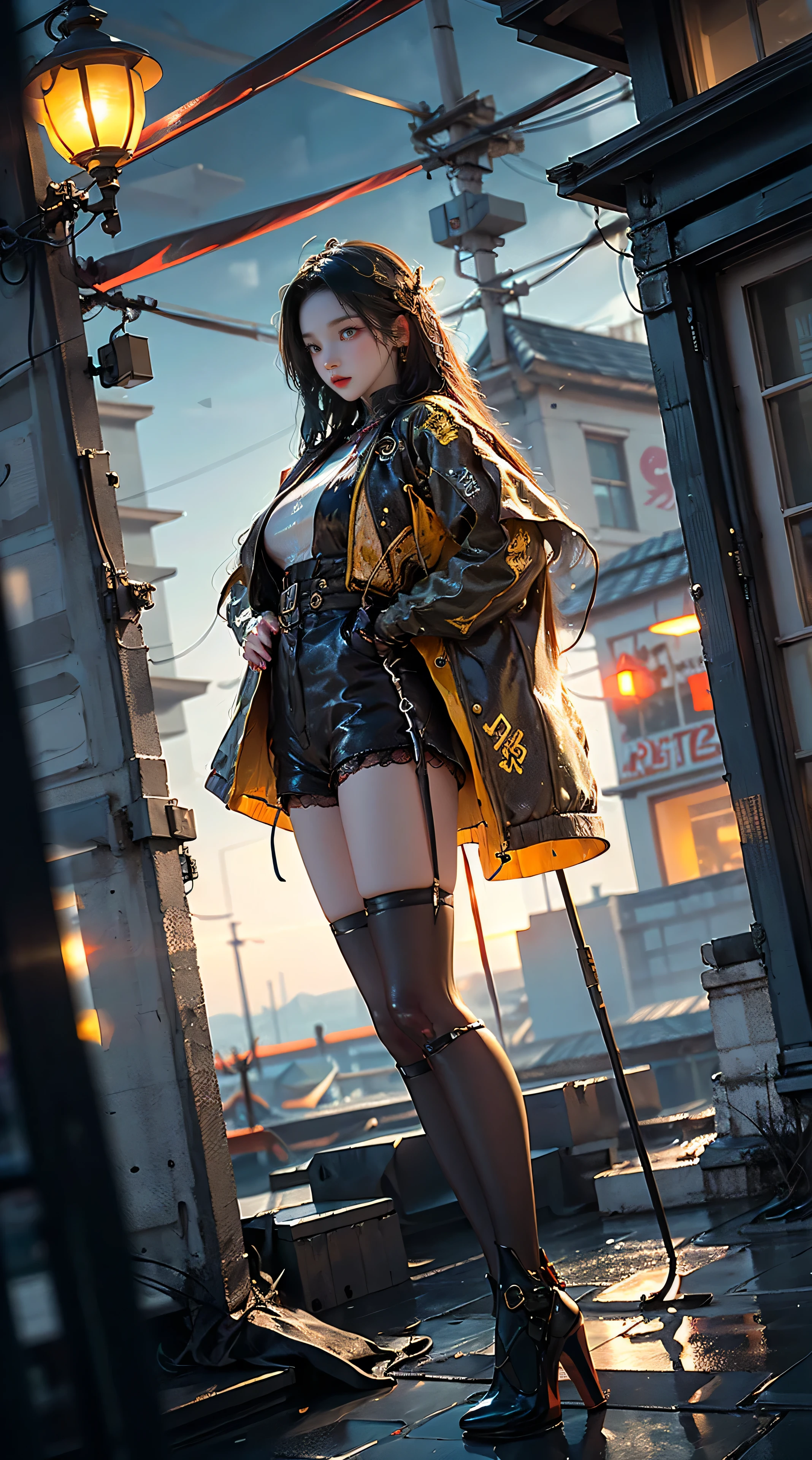 masterpiece,best quality,high resolution, 1 girl,from below,(매우 얇고 straight legs),,(매우 long legs,straight legs),,high heel,long legs,stand on all fours, 정면에서 보면 long legs, perfect body,with perfect legs,(Exterior),Telegraph slang,cyberpunk figures,dynamic pose,1 girl,Exquisite eyes,brown eyes,eye shadow,to put on make up,long gray hair, detailed face, detailed eyes, looking at viewer, blusher\(to put on make up\), plump lips, red lip,(long gray hair:1.3), (stand on all fours)Mechanically static,Summon Mech,(headdress:1.1),headgear,((((short yellow jacket,ultra shorts)))),(black lace stockings,stocking suspenders),city,Luminous winding,Holding a long sword in his hand,weapon,Cyberpunk Lighting:1.1),neon lights,Completely mechanical and futuristic elements,technology,배경은 중국 전통 distance,Chinatown, distance, sky sky, cyberpunk figures, lantern, Neon Super Resolution,(realism:1.3),1(slim:1.2),dramatic lighting,vivid details,classy cyberpunk,complex background,Rendering with high octane,