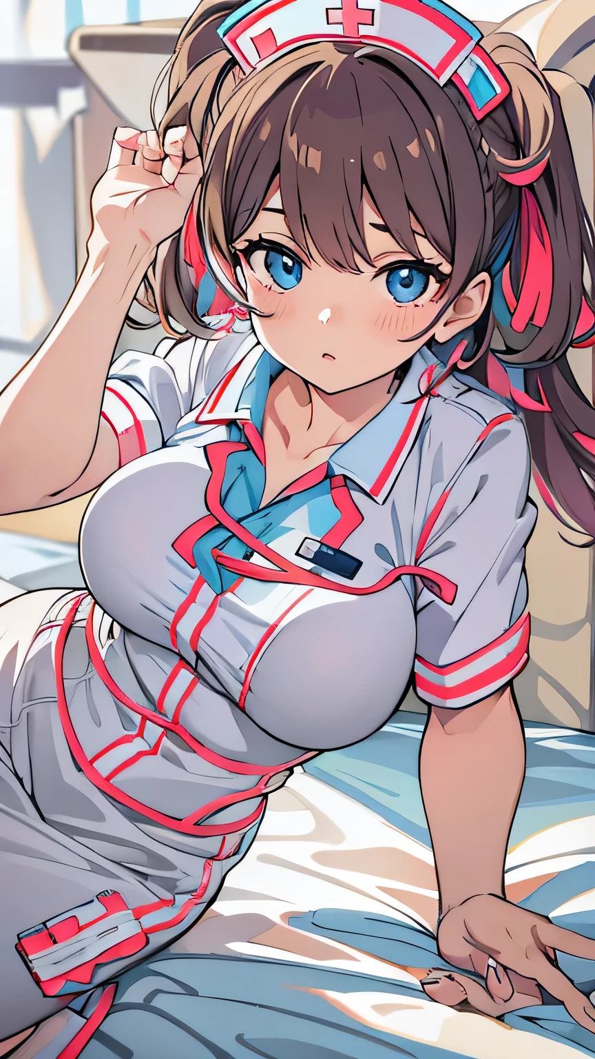 Highest quality, Unreal Engine, Ultra-high resolution, nurse, Reaching out to touch the viewer&#39;s forehead, Hospital bed, Sparkling Eyes, Natural Lip, Beautiful breasts, Skirt length above the knee