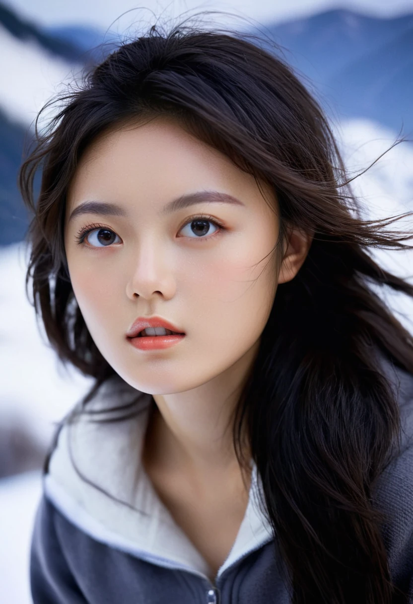 (masterpiece,best quality,ultra high res:1.1),(photo-realistic:1.1),looking at viewer,side_light,bokeh,beautiful face,exquisite face,skin texture,1girl,18yo,slender face, (sweat and pure:1.2),enjoy this wet orgasm, xiaomai,(character portrait:1.3),the background is the himalayan snowy mountains in winter,