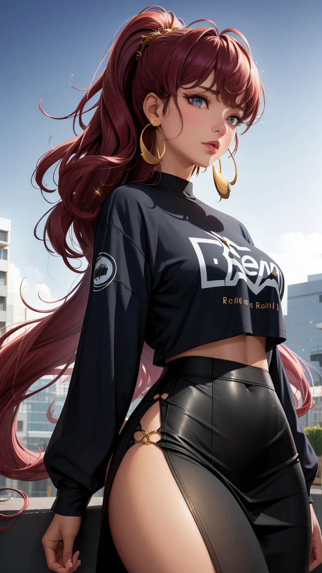 (best quality:1.5, highres, UHD, 4K, detailed lighting, shaders), curly floral haired, gradient hair, large breasts, suit, T-shirt, social shirt, short skirt, mature woman , (pov), white background, colorful eyeshadow, dramatic lighting, sparkling eyes, sensual expression, golden earrings, flowing hair, delicate facial features, dark skin, high cheekbones, urban setting, black background, symmetric portrait