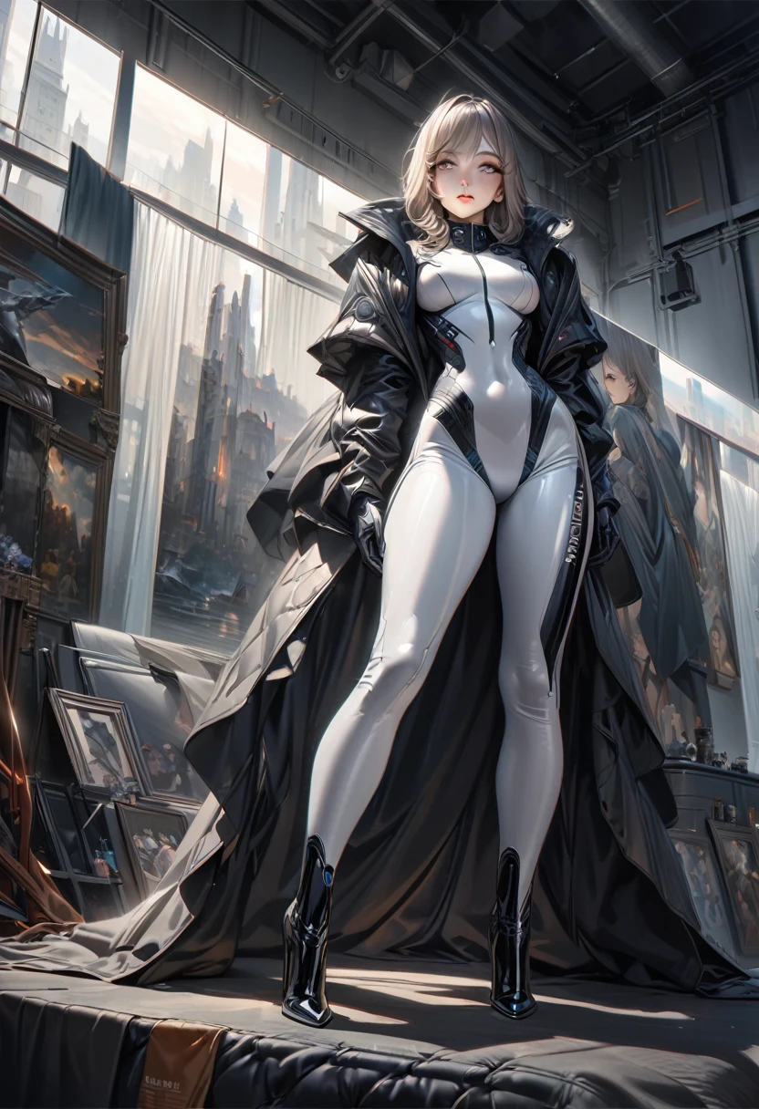 A girl in a black futuristic high-tech outfit, wearing a form-fitting bodysuit, a long dress with high collar, high heels, and long gloves, with a kind and gentle expression, 1girl, detailed face, beautiful detailed eyes, beautiful detailed lips, extremely detailed eyes and face, long eyelashes, oil painting, 8k, highres, masterpiece, ultra-detailed, realistic, photorealistic, HDR, studio lighting, extreme detail description, vivid colors, muted color palette, dramatic lighting