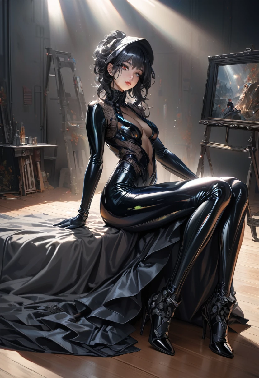 A girl in a black futuristic high-tech outfit, wearing a form-fitting bodysuit, a long dress with high collar, high heels, and long gloves, with a kind and gentle expression, 1girl, detailed face, beautiful detailed eyes, beautiful detailed lips, extremely detailed eyes and face, long eyelashes, oil painting, 8k, highres, masterpiece, ultra-detailed, realistic, photorealistic, HDR, studio lighting, extreme detail description, vivid colors, muted color palette, dramatic lighting
