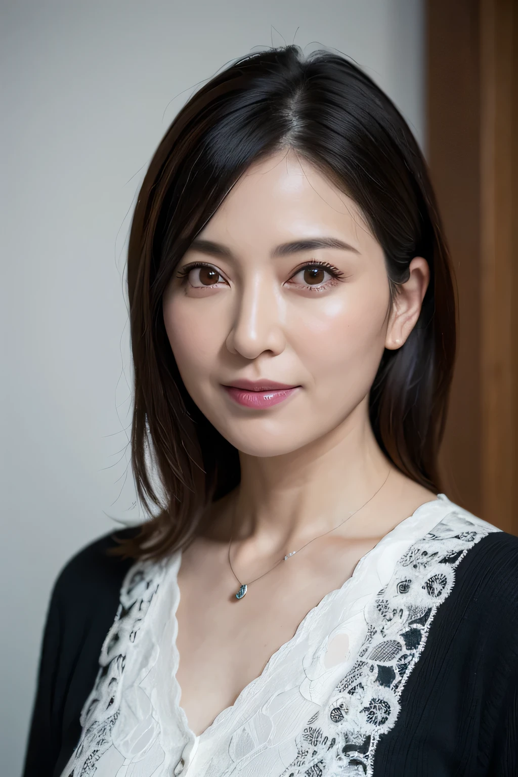 (In 8K, Highest quality, masterpiece:1.2), (Realistic, Photorealistic:1.37), Ultra-detailed, Natural light, , 1 person, 45-year-old woman, Black Hair, pendant, Trendy clothes、Less exposure, Highly detailed face and skin, Detailed eyes, Highly detailed face and skin、Take a full-body photo、color々A pose
