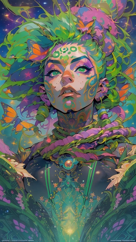 (NSFW:1.4), (masterpiece, top quality, best quality, official art, beautiful, cosmic, atmospheric, psychedelic, dreamlike and aesthetic:1.2), (1girl, green punk rock mohawk hair, tons of tattoos and piercings, super huge enormously gigantic tits), extreme detailed,(fractal art:1.3),colorful,highest detailed, cherry blossoms and butterflies blowing in the wind 