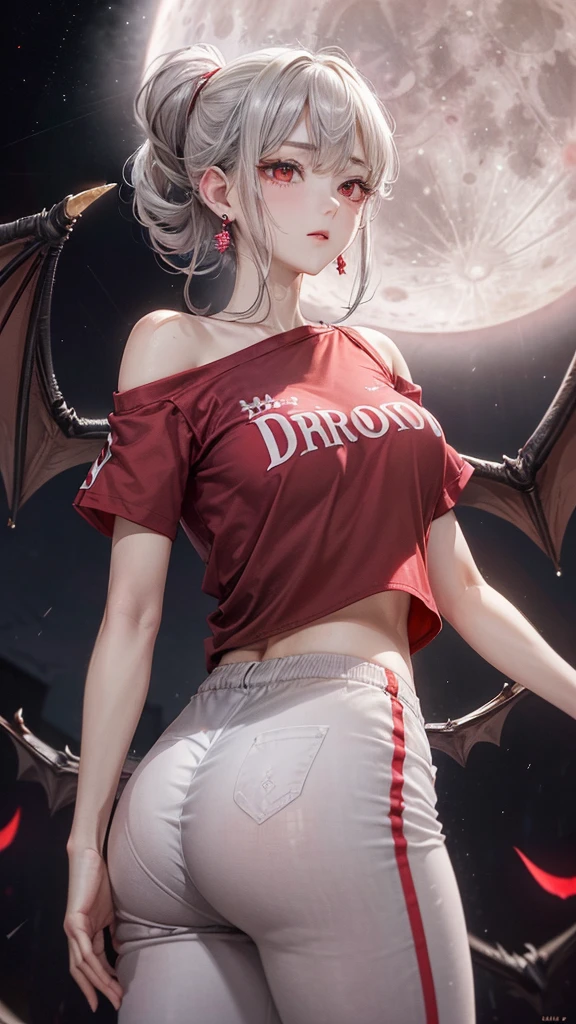 (Highest quality,Very detailed,High resolution:1.2),One Girl,Gray Hair,The most beautiful girl in human history,((1 photo from the front))、暗い red eyes (暗いred eyes:1.1),さみし気なaura(aura:1.1),(mysterious,Ghostly:1.1) atmosphere,Looks like half a demon,(Demonic traits,Demonic traits),(Elaborate,wonderful) Earrings,Small Ass,Long and beautiful legs、Semi-long hair up to the shoulders, ((Upper Body Shot)),Beautiful breasts、Clear Eyes、Are standing、My cheeks are a little red,((sports shirt、Sports pants))、((Huge bat-like wings growing from his shoulders)),((A big full moon shines in the dark night sky))