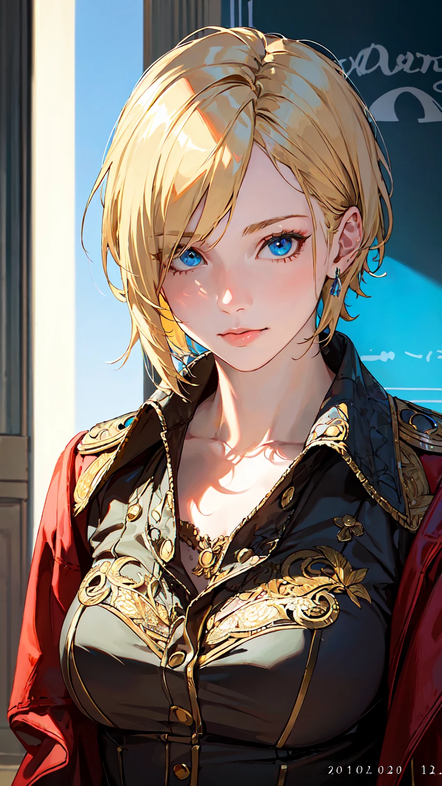(masterpiece: 1.2, Highest quality), Realistic, (Realistic Picture, Intricate details, Depth of written boundary), Highest quality, masterpiece, Very detailed, Semi Realistic, 1 girl, Mature Woman, 21 years old, Blonde Short Hair, The left eye is covered with hair, blue eyes, King's Clothes, Red Cape, Slim figure, A crown made of precious gold, Document reading and markup, Goose hair pen, Office Table, Soft bench