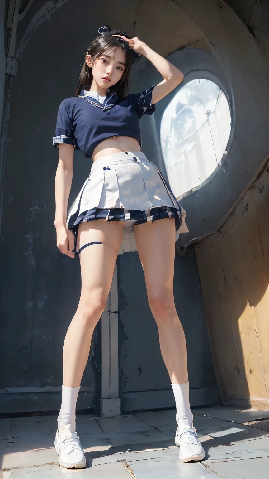 ((masterpiece)),(((最high quality))),High school girls,((((((Photograph the whole body from knee height:1.9)))))),((((((Stand up straight with your legs together:1.9)))))),(((Thin thighs:1.2))),(((Long legs:1.5))),(((Girl standing in a school classroom:1.7))),(((Micro mini skirt student uniform:1.6))),((tall:1.8)),(((夏用の学生制服を着た日本のHigh school girls:1.8))),((スリムなModel body type:1.5)),((Thin legs:1.6)),((Wearing a white short-sleeved student uniform shirt:1.3)),((((Navy blue checked with micro skirt:1.5)))),(Age is :1.3),bangs,A small smile,((cute女の子)),Slender girl,((((Black Loafers:1.3)))),(((((Short white socks that reach to the ankles:1.3))))),cute,((The thigh area below the groin is slim and firm)),cute,(Black hair ponytail),(Thin legs),(スリムなModel body type),Very small waist,(Small hips),Long thighs,Thin thighs,Thin hands,Long hands,((((Photograph the whole body from below:1.5)))),(((((k-popのIVEのWONYOUNGにそっくりの女の子:1.9))))),(((((Keep your whole body straight back:1.8))))),((((Only face forward:1.8))))((((Stick your butt out a little:1.6)))),((((((White panties visible from under a miniskirt:1.9)))))),(((Clearly detailed groin area:1.4))),(((Reproduce the buttocks in clear detail:1.4))),(((The panties fit her body perfectly, so the contours of her body are clearly reproduced in minute detail.:1.4))),((tall:1.4)),(Stand with your legs straight and without bending your knees:1.7),((Please stand up straight. I can see:1.9)),((Turning your hips back:1.7)),The ankles are super thin,beauty,Fine skin,Firm Skin,引き締まったThin legsの肌を細部までリアルに再現,Very detailed, Attention to detail,high quality,Awards,High resolution,(Anatomically correct:1.3),(8k,RAW Photos,最high quality,masterpiece:1.5),(((女の子をPhotograthe whole body from below:1.5))),Height 173cm,((Stand up straight with your legs together:1.8)),((Stand up straight with your legs together:1.7)),(((Keep your back straight:1.8))),((look forward to:1.2)),9頭身beauty,Model body type,((Inseam is half the height:1.5)),(Thin thighs),((k-popのIVEのWONYOUNGにそっくりの女の子:1.5)),RAW Photos,Firm Skin,Fine skin,Well-toned muscular legs,Attention to detail,Vivid,Skin Texture,Genuineな皮膚感,Perfect composition,beautiful,Very detailed,High chroma,Genuine,eyeliner,eye shadow,High nose,Small nostrils,Small Mouth,Seductive lips,cute,((((In the classroom, you can see desks and a blackboard.:1.7)))),(((Revealing school uniform:1.3))),(((Red tie for high school uniform:1.3)))
