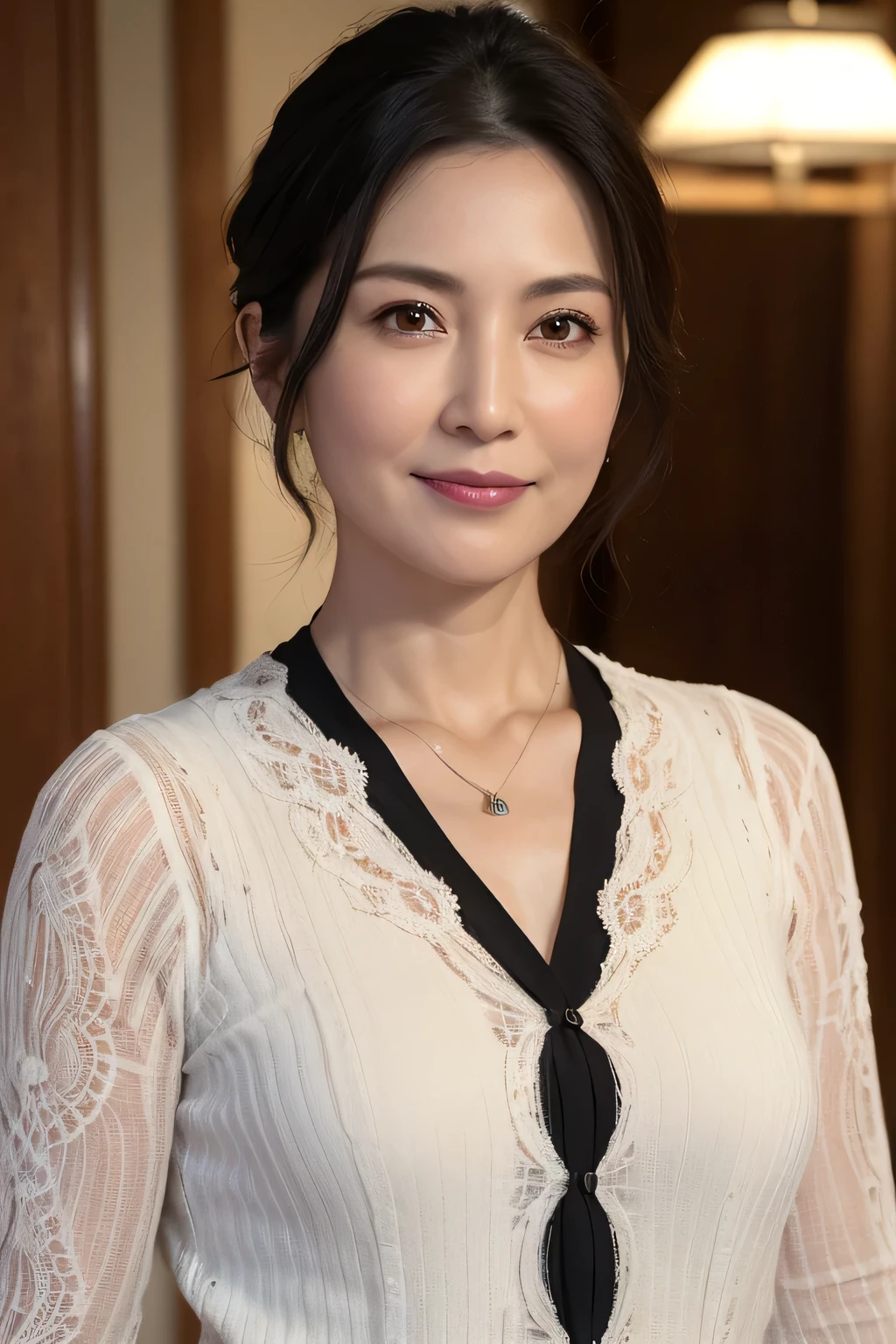 (In 8K, Highest quality, masterpiece:1.2), (Realistic, Photorealistic:1.37), Ultra-detailed, Natural light, , 1 person, 45-year-old woman, Black Hair, pendant, Trendy clothes、Less exposure, Highly detailed face and skin, Detailed eyes, Highly detailed face and skin、Take a full-body photo、color々A pose