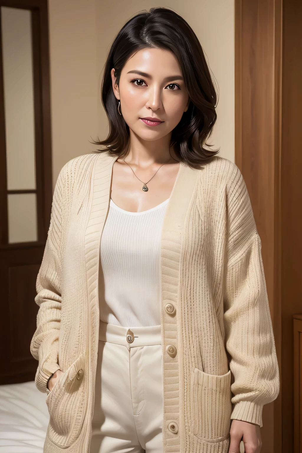 (In 8K, Highest quality, masterpiece:1.2), (Realistic, Photorealistic:1.37), Ultra-detailed, Natural light, , 1 person, 45-year-old woman, Black Hair, pendant, Trendy clothes、Less exposure, Highly detailed face and skin, Detailed eyes, Highly detailed face and skin、Take a full-body photo、color々A pose