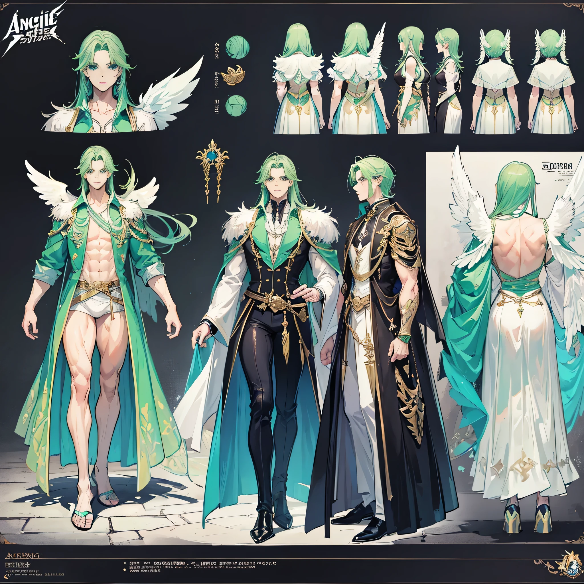 (Masterpiece, best quality), detailed, 1 man, ((character concept art)), ((character design sheet, same character, front, side, back)), full body, body complete, 1 Male angel, 1 Man angel, Detailed face, character design sheet,full bodyesbian, Highly detailed, character sheet, character design, Many parts, dark skin, angel wings, long green hair, angel outfit, muscle male god, male clothes, masculine, muscle man, male muscle, manly, male angel, Muscle male with long green, hair,beautiful man, beautiful muscle man
