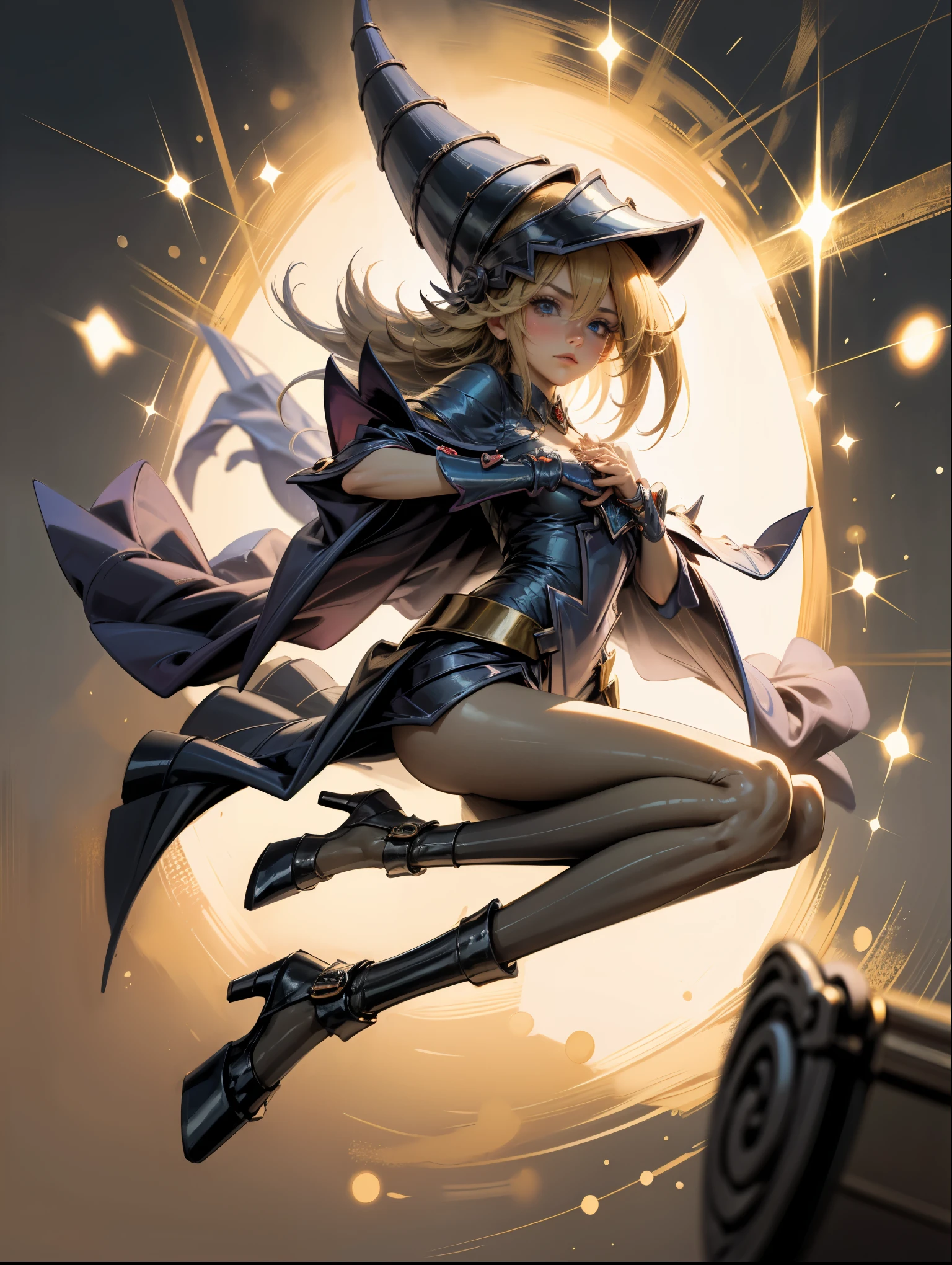 (masterpiece:1.2), (The best quality:1.2), perfect lighting, Dark Magician Girl casting a spell, in battle. floating in the air, visible medium tits, transparent neckline, blue robe, big hat, from above, Sparkles, Yugioh game, The magic of the heart. LIGHTS OF THE HEART, romantic heart. She wears heels. has heels. Wear heels 