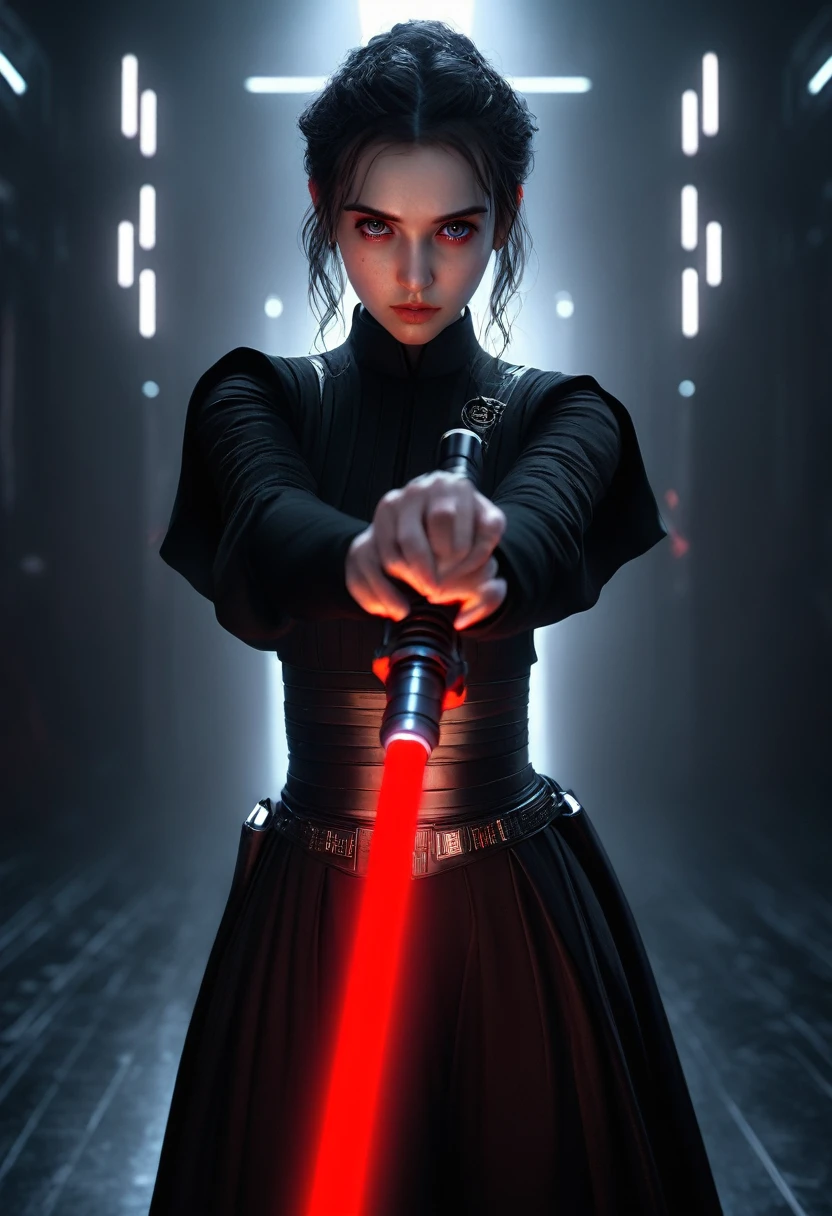 ultra wide angle, in focus, dark epic background, gorgeous lifelike, dynamic pose, a young lady, (highly detailed face and eyes:1.3), arrogant expression, holding red lightsaber in his hand, medium shot, hyper details, lighting art, cinematic, insane details, intricate details, hyperdetailed, goth, fractal, dark shot, big , full body