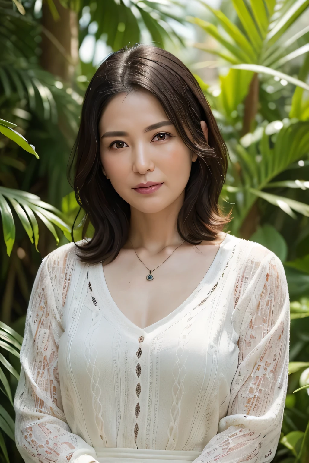 (In 8K, Highest quality, masterpiece:1.2), (Realistic, Photorealistic:1.37), Ultra-detailed, Natural light, , 1 person, 45-year-old woman, Black Hair, pendant, Trendy clothes、Less exposure, Highly detailed face and skin, Detailed eyes, Highly detailed face and skin、Take a full-body photo、color々A pose