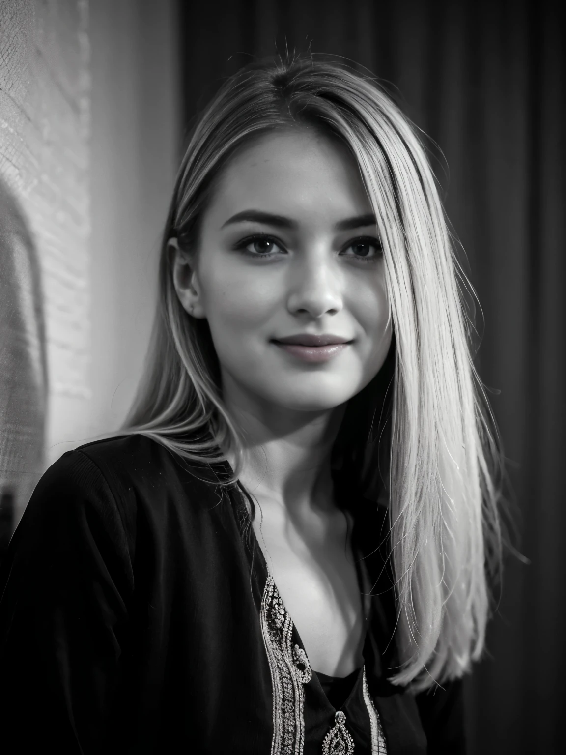 monochrome, Black and White Photography, portrait , Front view, 1941 years, June, WW2, Russian girl is 20 years-old, (Blond hair, middle hair , wince, Gray eyes, beautiful lip, smile),