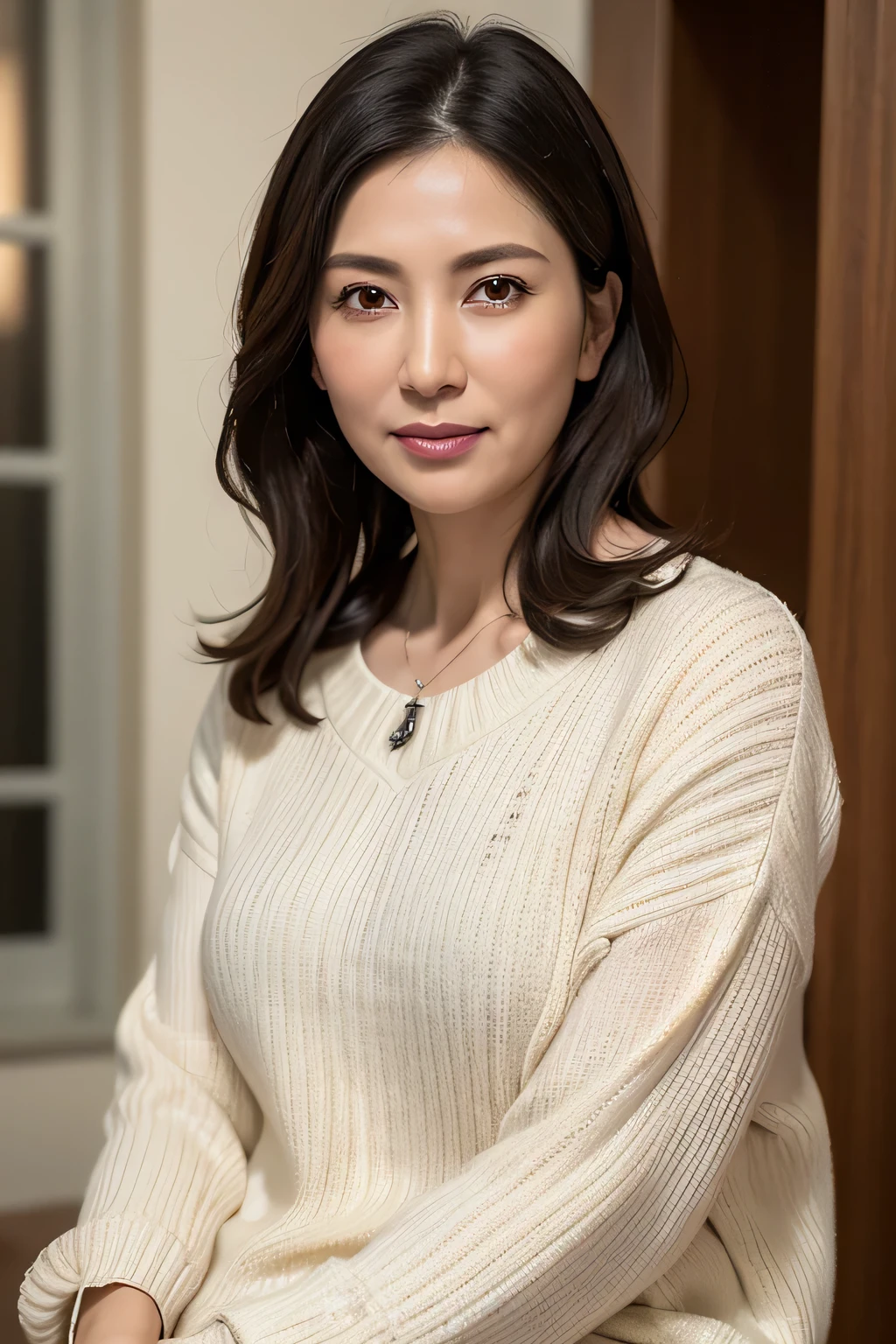 (In 8K, Highest quality, masterpiece:1.2), (Realistic, Photorealistic:1.37), Ultra-detailed, Natural light, , 1 person, 45-year-old woman, Black Hair, pendant, Trendy clothes、Less exposure, Highly detailed face and skin, Detailed eyes, Highly detailed face and skin、Take a full-body photo、color々A pose