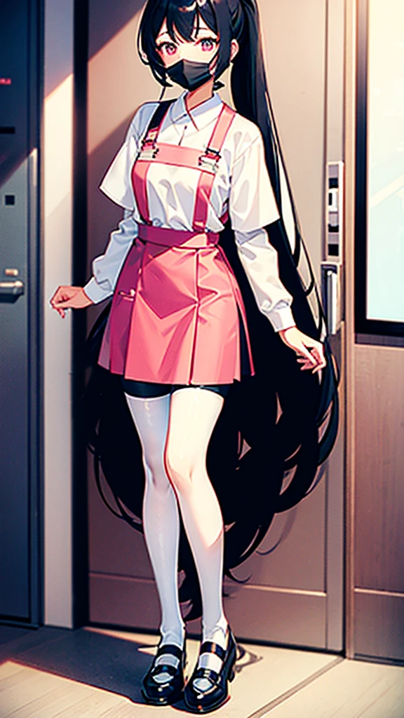 Xiao Min, a female with long black hair and ponytail, wearing a pink nurse uniform, white suspenders, stockings and canvas shoes, standing