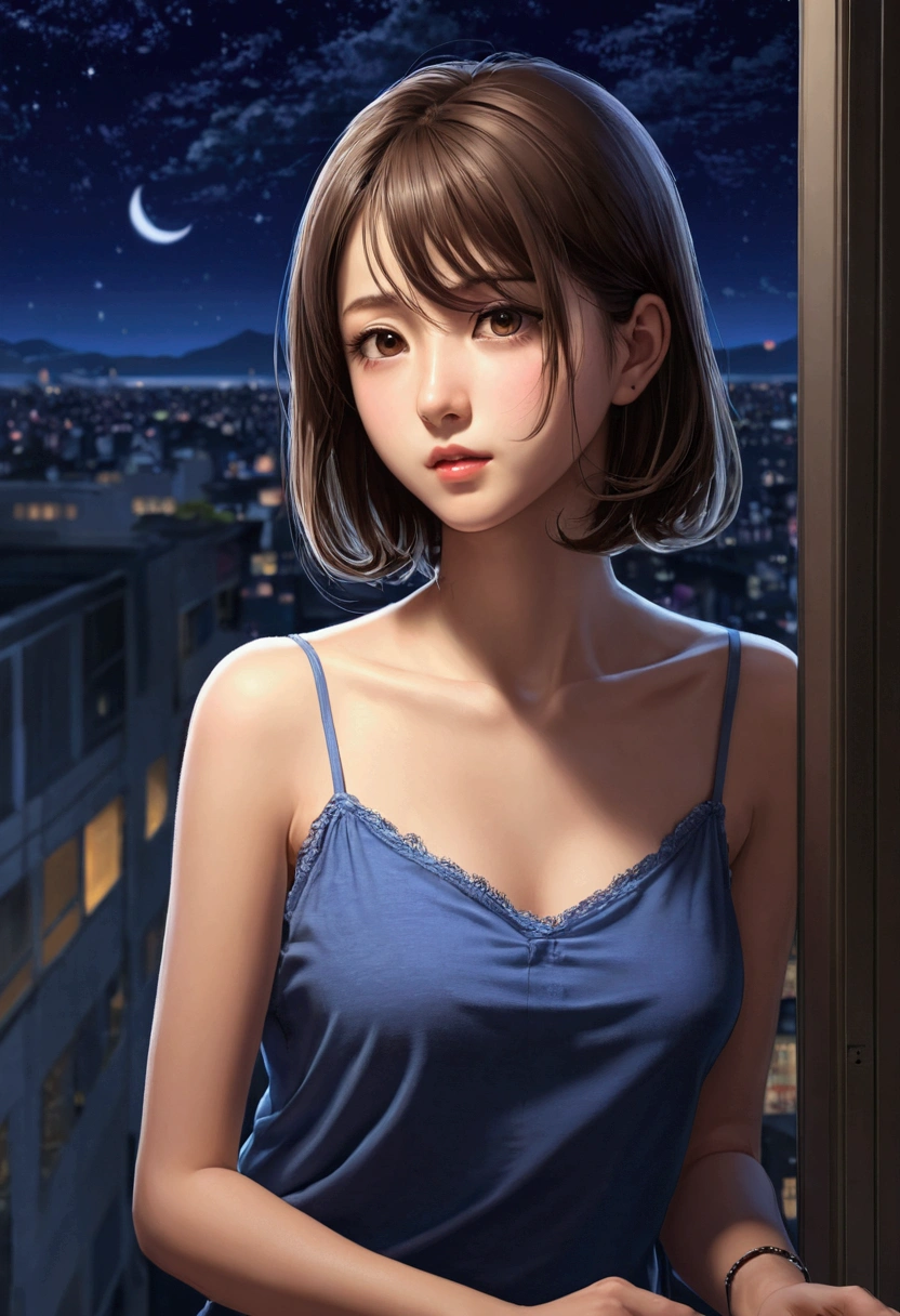 One Girl、think、camisole、chest、Baby Face、Computer work、Window、Night view、Late Night、Anime illustration