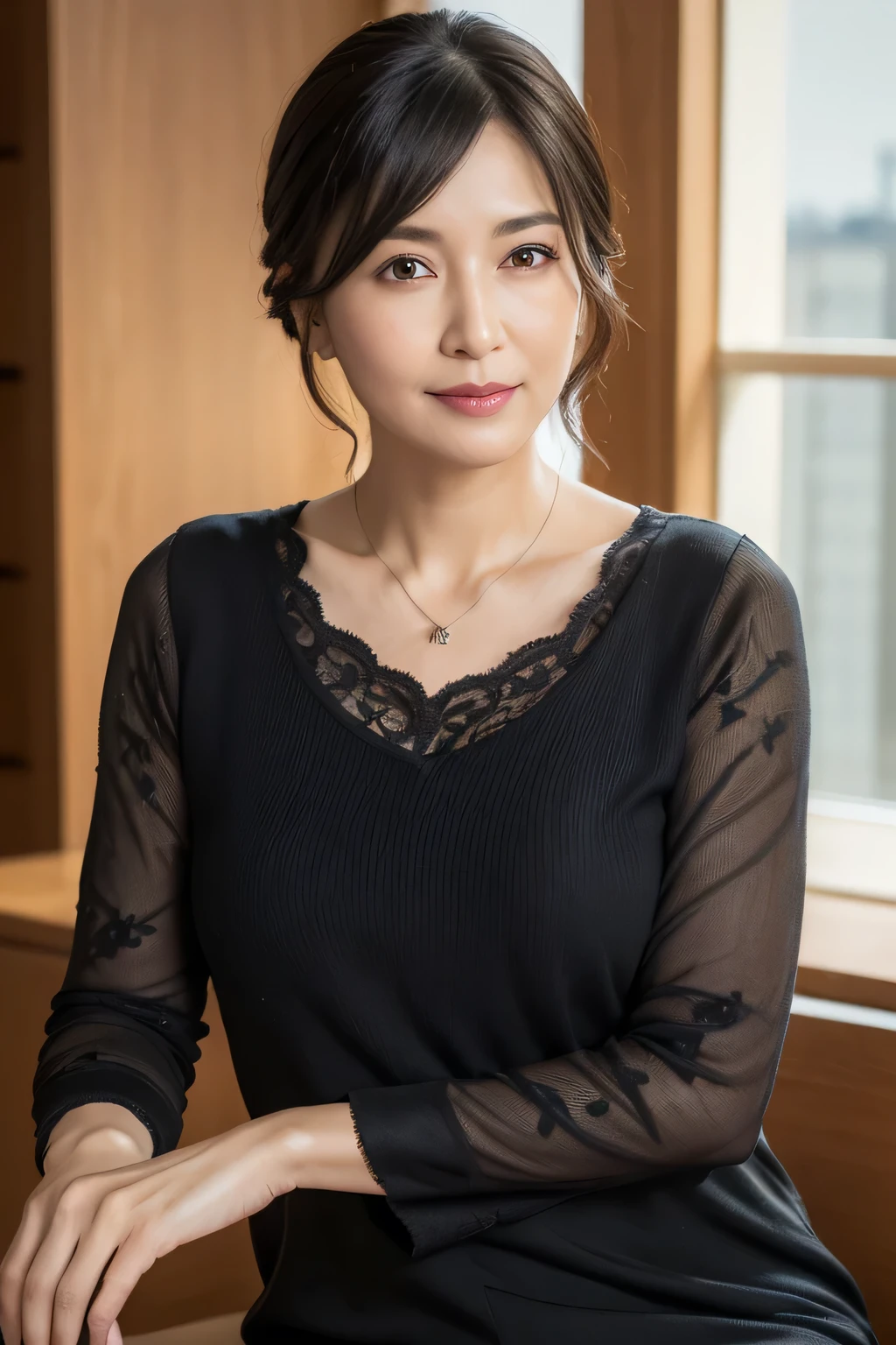 (In 8K, Highest quality, masterpiece:1.2), (Realistic, Photorealistic:1.37), Ultra-detailed, Natural light, , 1 person, 45-year-old woman, Black Hair, pendant, Trendy clothes、Less exposure, Highly detailed face and skin, Detailed eyes, Highly detailed face and skin、Take a full-body photo、color々A pose
