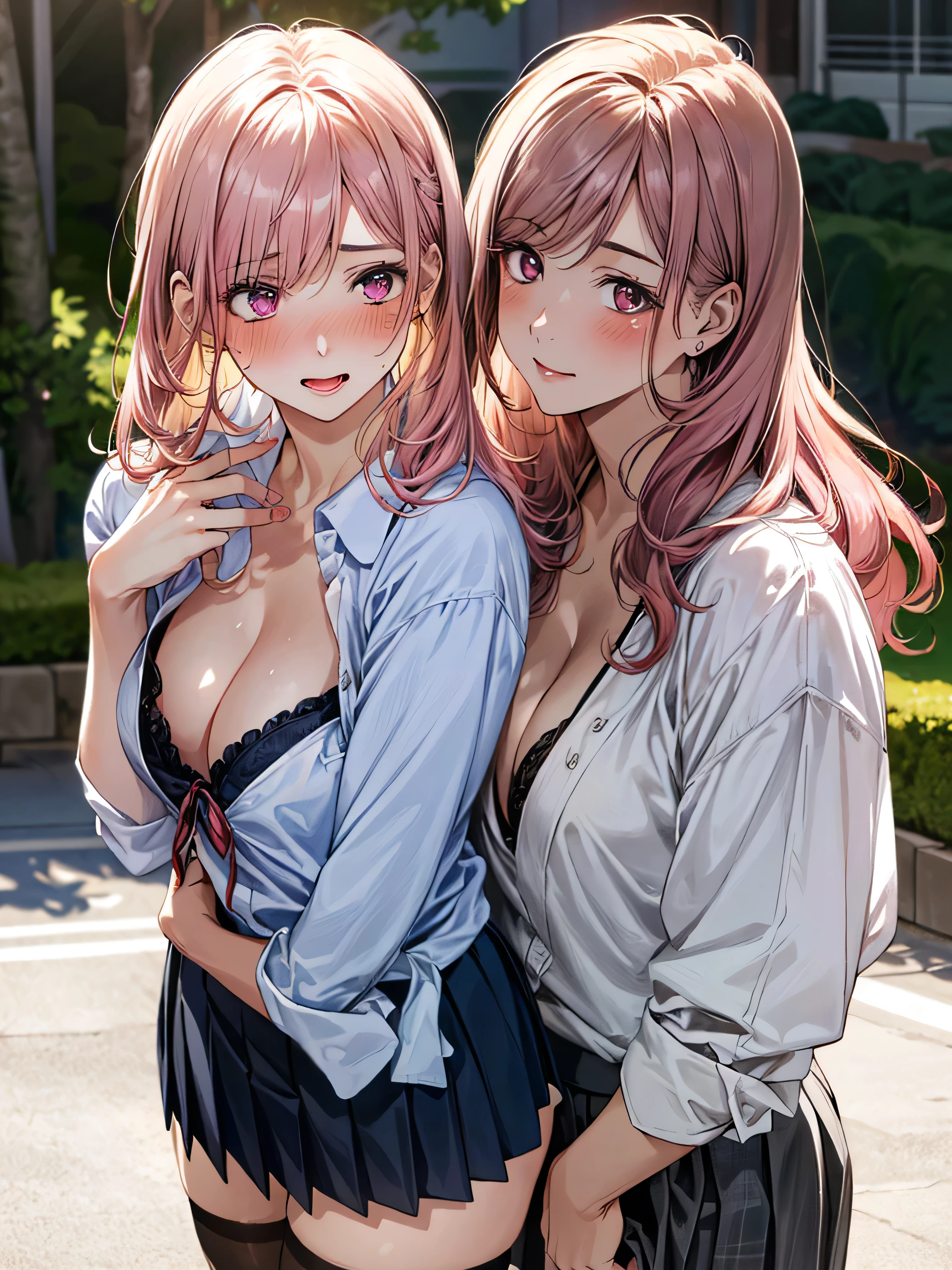 (masterpiece:1.3, top-quality, ultra high res, ultra detailed), (cleavage:1.4),(realistic, photorealistic:1.4), beautiful illustration, perfect lighting, natural lighting, colorful, depth of fields, surrealism, (embarrassed,blush:1.3),
beautiful detailed hair, beautiful detailed face, beautiful detailed eyes, beautiful clavicle, beautiful body, beautiful chest, beautiful thigh, beautiful legs, beautiful fingers, shiny skin,
looking at viewer, 1 girl, japanese, high school girl, (perfect anatomy, anatomically correct, super detailed skin), cute and symmetrical face, babyface, perfect face, perfect eyes,
(middle hair, two side up, pink hair), crossed bangs, purple eyes, drooping eyes, big eyes, long eyelashes, (large breasts, seductive thighs, skindentation), slender, outstanding style,
((detailed cloth texture, white collared shirt, blue pleated skirt, dark red neck ribbon), black thigh-highs, loafer),
(beautiful scenery), late afternoon,hands on chest, (lovely smile, upper eyes, open mouth small),