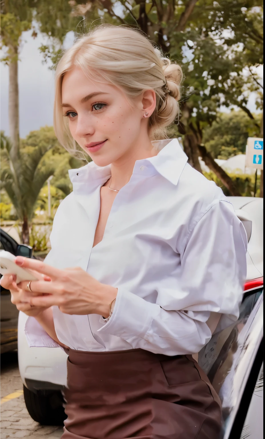 Woman, americana, age 25, pale skin and freckles, gray eyes, delicate nose, soft and delicate lips, far away, cabelo blondie far away e ondulado na altura da cintura, sweet smile, face with delicate feminine facial features, highly rendered, retocar tecidos