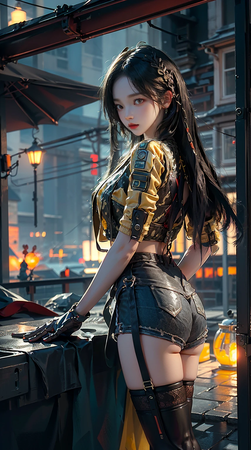 masterpiece,best quality,high resolution, 1 girl,from below,(매우 얇고 straight legs)，,(매우 long legs，straight legs),,high heel,long legs,stand on all fours, 정면에서 보면 long legs, perfect body,with perfect legs,(Exterior)，Telegraph slang，cyberpunk figures，dynamic pose，1 girl，Exquisite eyes，brown eyes，eye shadow，to put on make up，long gray hair， detailed face， detailed eyes， looking at viewer， blusher\（to put on make up\）， plump lips， red lip，（long gray hair：1.3）， （stand on all fours）Mechanically static，Summon Mech，(headdress:1.1)，headgear，((((short yellow jacket，ultra shorts))))，(black lace stockings，stocking suspenders)，city，Luminous winding，With a gun in my hand，weapon，Cyberpunk Lighting:1.1)，neon lights，Completely mechanical and futuristic elements，technology，The background is downtown New York，distance， sky sky， cyberpunk figures， lantern， Neon Super Resolution，（realism：1.3），1（slim：1.2），dramatic lighting，vivid details，classy cyberpunk，complex background，Rendering with high octane，