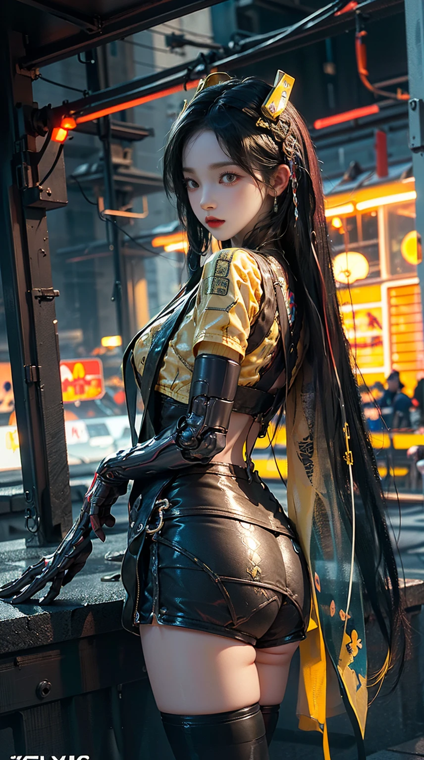 masterpiece,best quality,high resolution, 1 girl,from below,(매우 얇고 straight legs),,(매우 long legs,straight legs),,high heel,long legs,stand on all fours, 정면에서 보면 long legs, perfect body,with perfect legs,(Exterior),Telegraph slang,cyberpunk figures,dynamic pose,1 girl,Exquisite eyes,brown eyes,eye shadow,to put on make up,long gray hair, detailed face, detailed eyes, looking at viewer, blusher\(to put on make up\), plump lips, red lip,(long gray hair:1.3), (stand on all fours)Mechanically static,Summon Mech,(headdress:1.1),headgear,((((short yellow jacket,ultra shorts)))),(black lace stockings,stocking suspenders),city,Luminous winding,With a gun in my hand,weapon,Cyberpunk Lighting:1.1),neon lights,Completely mechanical and futuristic elements,technology,The background is downtown New York,distance, sky sky, cyberpunk figures, lantern, Neon Super Resolution,(realism:1.3),1(slim:1.2),dramatic lighting,vivid details,classy cyberpunk,complex background,Rendering with high octane,