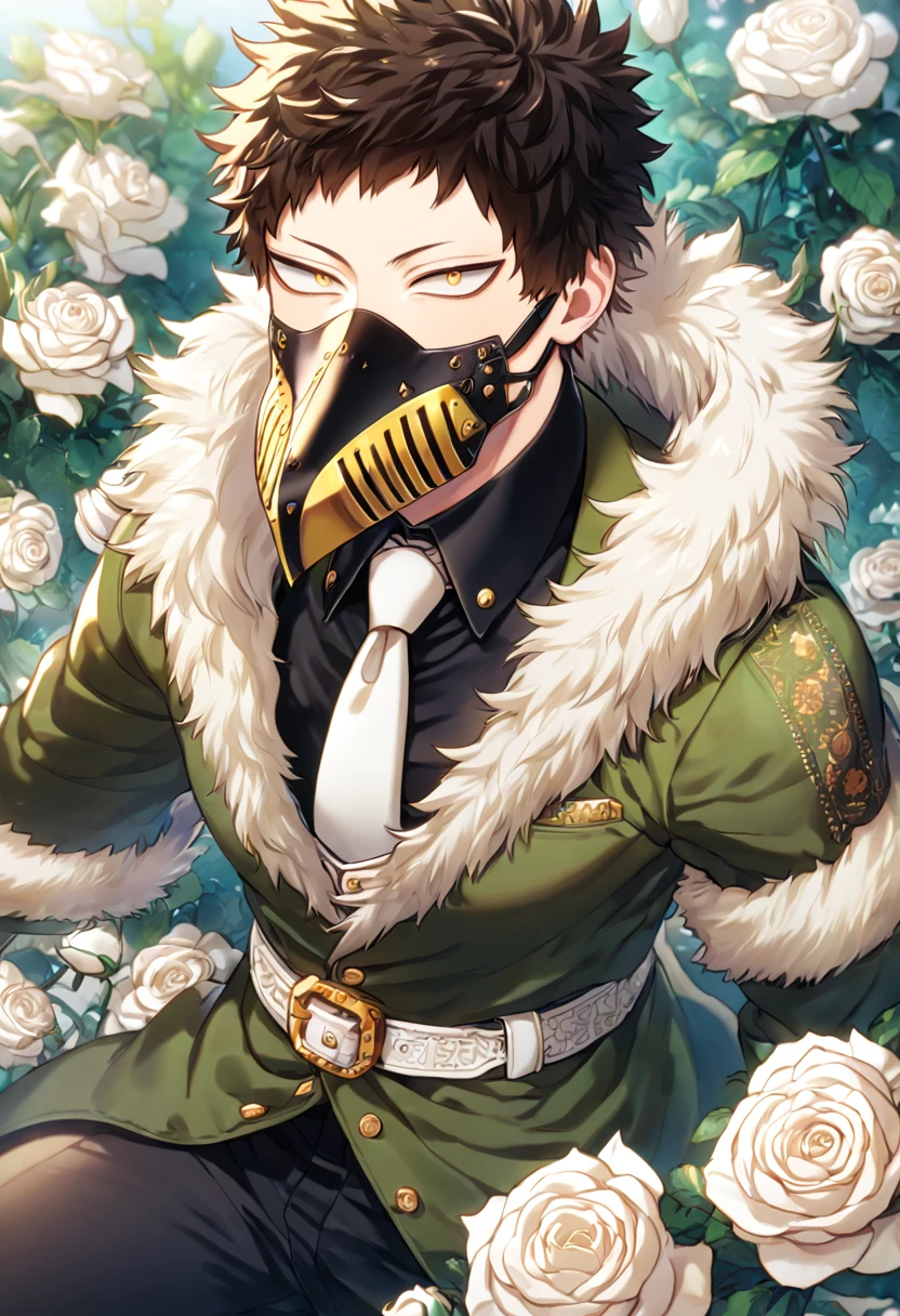 Ultra detailed, Highres, absurdres, HDR, master piece, best quality, Overhaul, dark brown hair, short hair, short bangs, long eyelashes, expressive golden eyes, magenta plague mask which is tipped and embroidered with gold, green coat with a fur collar, black shirt, white necktie, Boku No Hero Academia, sexy man, white petals, white roses, garden, handsome, sensual, white belt, black pants, white gloves,