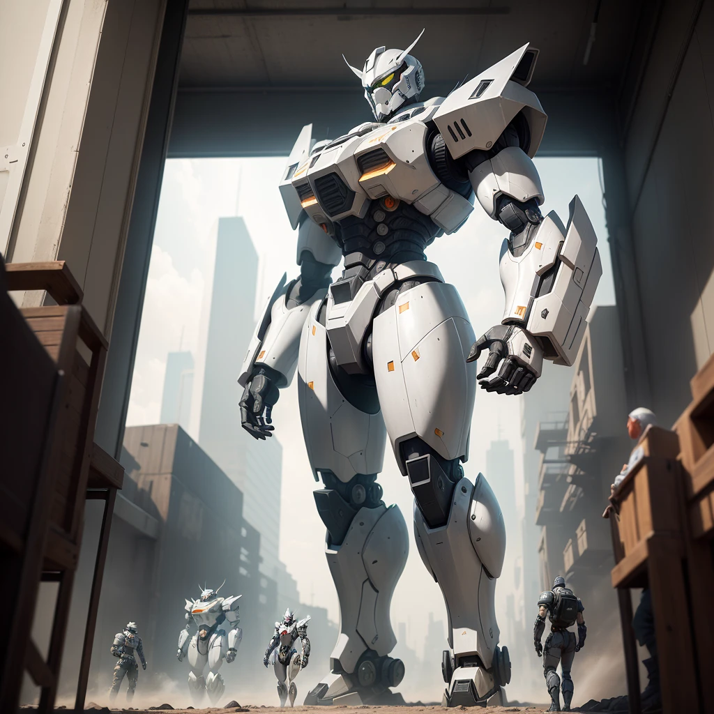 (Extreme detail depiction, super high image quality performance) The Alafard robot stands side by side with people in the warehouse, (silver white: 1.1, mecha: 1.2 + mecha appearance: 1.2), next to Alexander Ferra white mecha, Alexander Ferra mecha, and painting humanoid mecha, Voitek Foss, (giant mech: 1.3 + Greg Rutkowski: 1.1 + Krenc Kusaud: 1.1), mecha atmosphere.