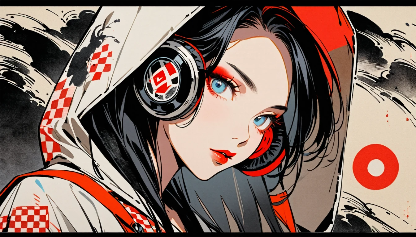 (((Ink Painting))), Fashion portrait color photos, (((from below))), (((Flashy makeup))), (((Japanese style headphones))), (((Japanese pattern hoodie))), (((Put on the hood))), Japan人の少女, Black Hair, metals, Modern ukiyo-e style,Japan, Japanese flag, vivid color