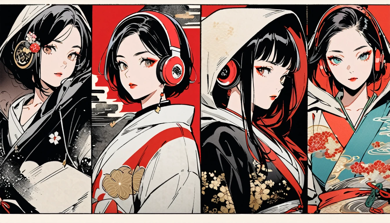 (((Ink Painting))), Fashion portrait color photos, (((from below))), (((Flashy makeup))), (((Japanese style headphones))), (((Japanese pattern hoodie))), (((Put on the hood))), Japan人の少女, Black Hair, metals, Modern ukiyo-e style,Japan, Japanese flag, vivid color