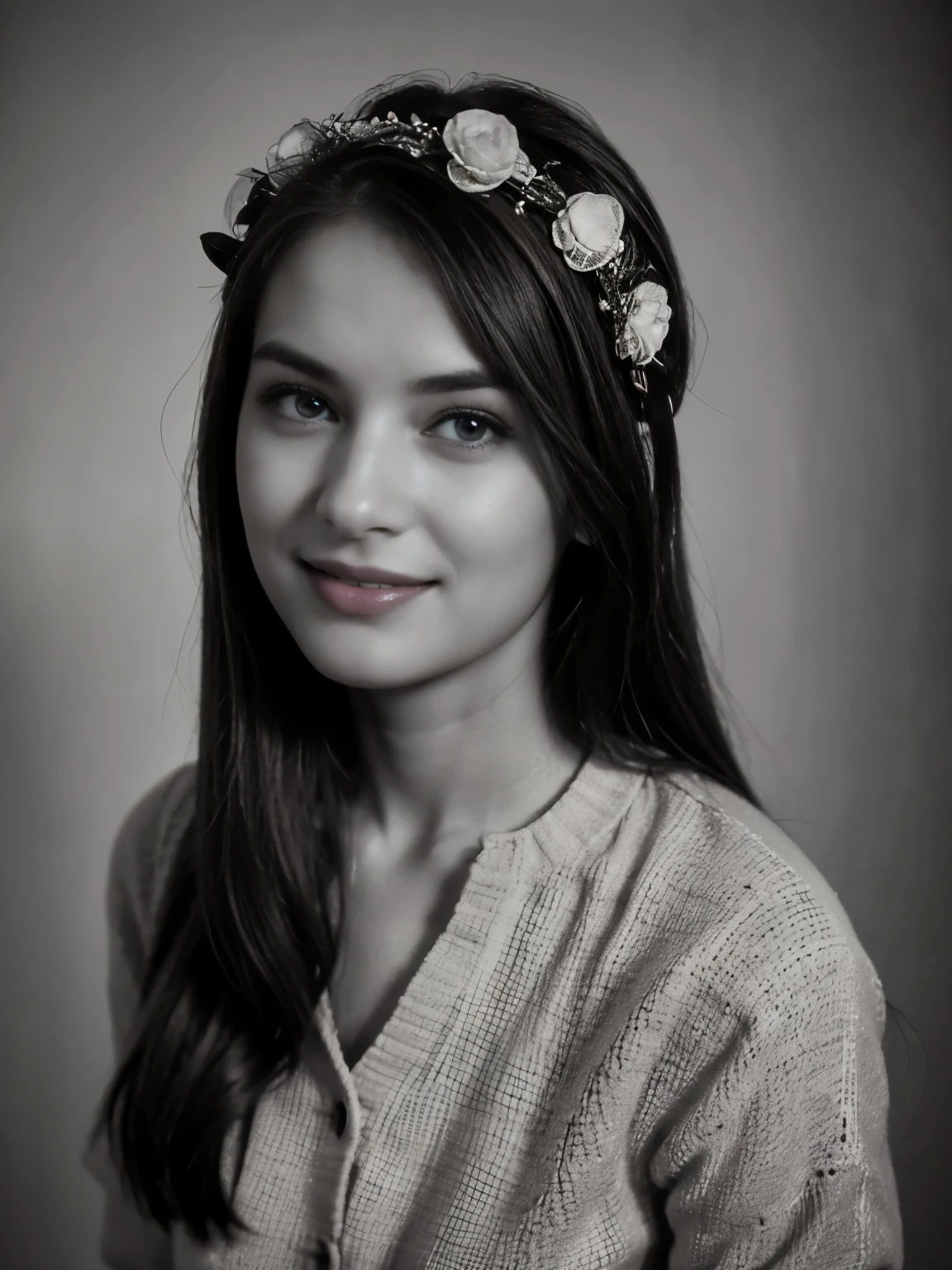monochrome, Black and White Photography, portrait , Front view, 1941 years, June, WW2, Germany  girl is 20 years-old,  (brown hair, middle hair , wince, brown  eyes, beautiful lip, smile, flower crown),