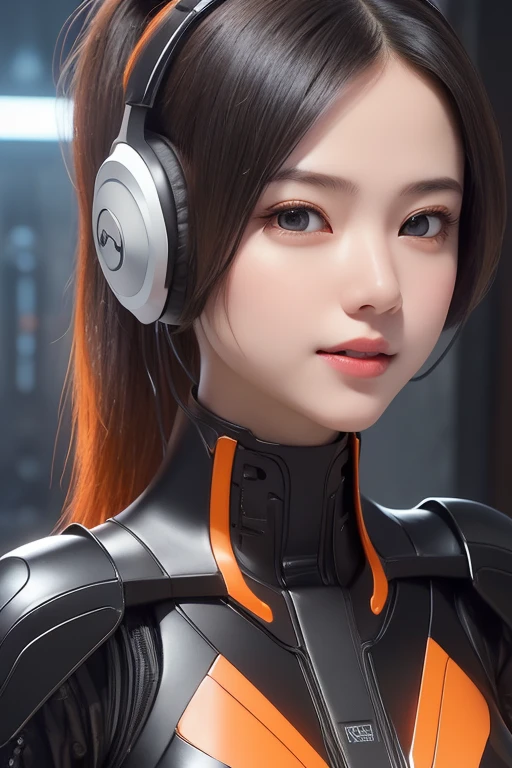 Top Quality, Masterpiece, Ultra High Resolution, (Photorealistic: 1.4), Raw Photo, 1 Girl, Black Hair, Glossy Skin, 1 Mechanical Girl, (((Ultra Realistic Details)), Portrait, Global Illumination, Shadows, Octane Rendering, 8K, Ultra Sharp, Intricate Ornaments Details, realistic skin, sweat effect, ((wearing Headphone)), very intricate detail, realistic light, CGSoation trend, brown eyes, glowing eyes, matte black and glossy orange mechanical bodysuit, Long hair, black hair, Ponytail hair, Half body shot, spaceship bridge background, dynamic pose, cute smile, close up, Open Mouth,