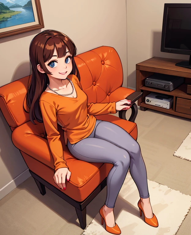 8K, Ultra HD, super details, high quality, high resolution, Masterpiece, intricate details, full body portrait, front view, 1female, solo, 38 year old female, adult female, long brown hair, bangs, blue eyes, red lipstick, mascara, medium breasts, red manicured nails, looking at viewer, whimsical expression, calm smile, ((Wearing: Orange V-neck shirt with long sleeves, pearl necklace, grey leggings, and heels)), standing, looking at viewer, (Background: Indoors, living room, couch, TV),
