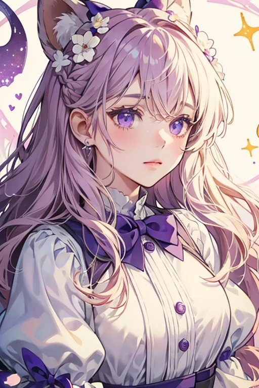 A light cream-colored girl bear Num with a simple expression and a violet swirl. On her head is a leafy bow with a purple berry at the middle. SPARKLE; GLITTER