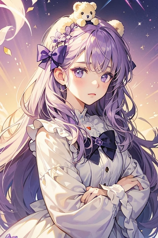 A light cream-colored girl bear Num with a simple expression and a violet swirl. On her head is a leafy bow with a purple berry at the middle. SPARKLE; GLITTER