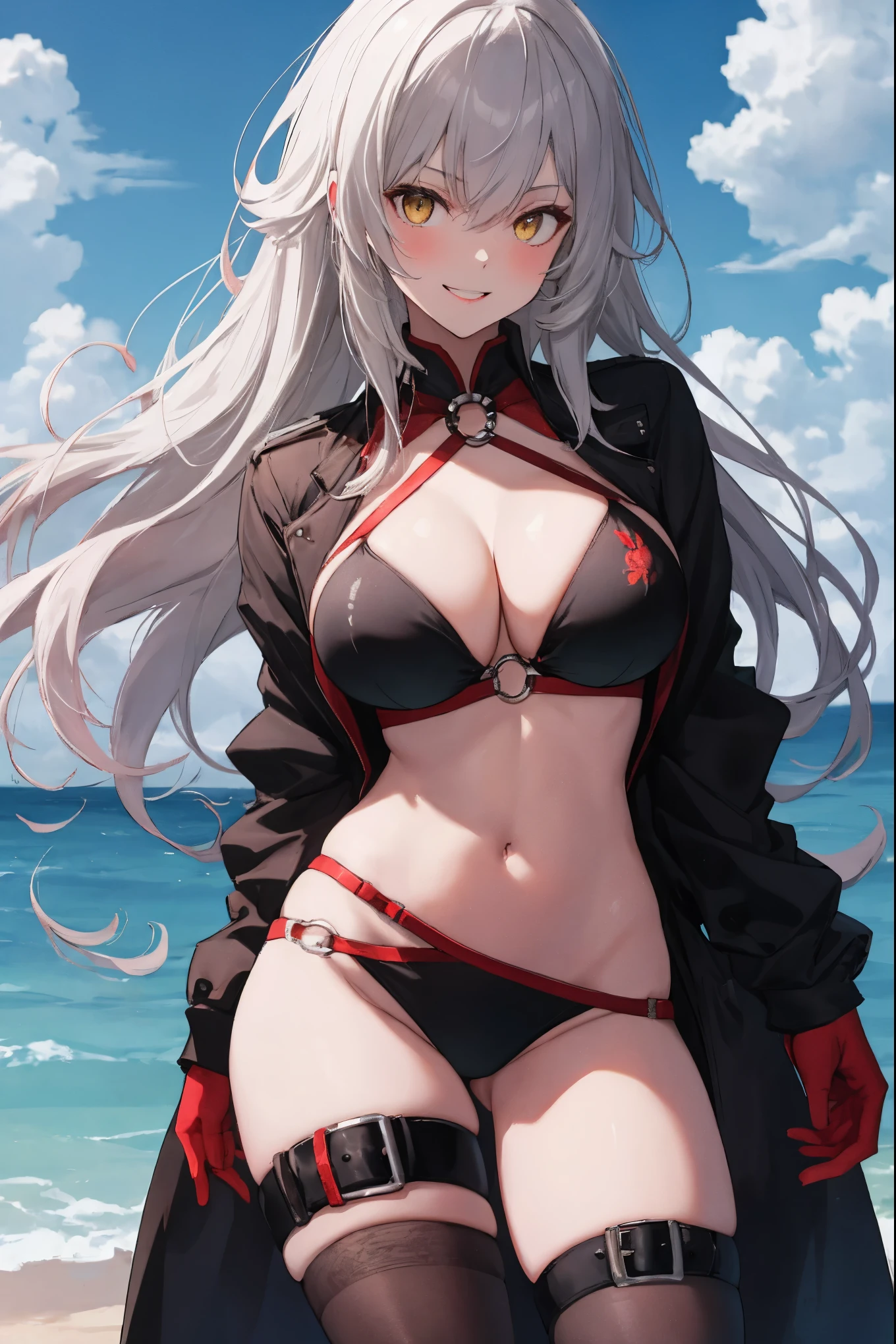 masterpiece, best quality, 1girl, , silver hair, ahoge, gold eyes, shaggy_long_hair,, gigantic_breasts, , blue sky_beach_landscape,covered_groin,covered_nipples,solo,young_,,open_legs,,crotch_armor,cowboy_shot,crotch, asymmetrical legwear, long hair, bikini, black bikini, black gloves, gloves, long sleeves, navel, o-ring, o-ring bikini, o-ring bottom, o-ring top, puffy long sleeves, puffy sleeves, red legwear, single thighhigh, swimsuit, thigh strap, thighhighs, uneven legwear,smile,nihil,open_mouth,angry,glare,dynamic_standing,