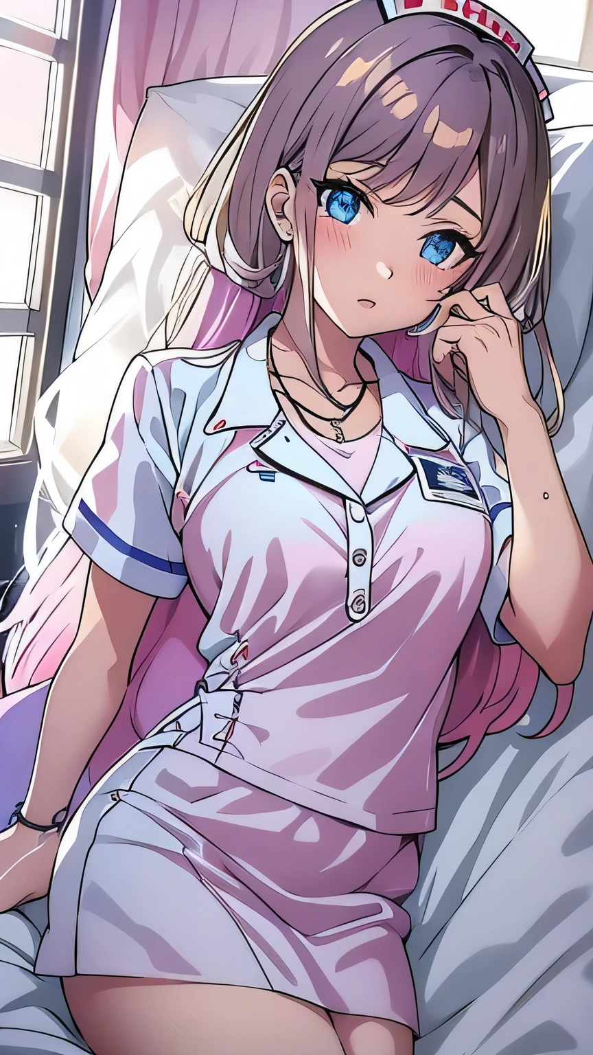 Highest quality, Unreal Engine, Ultra-high resolution, nurse, Hospital bed, Sparkling Eyes, Natural Lip, Beautiful breasts, Skirt length above the knee, Random sexy poses