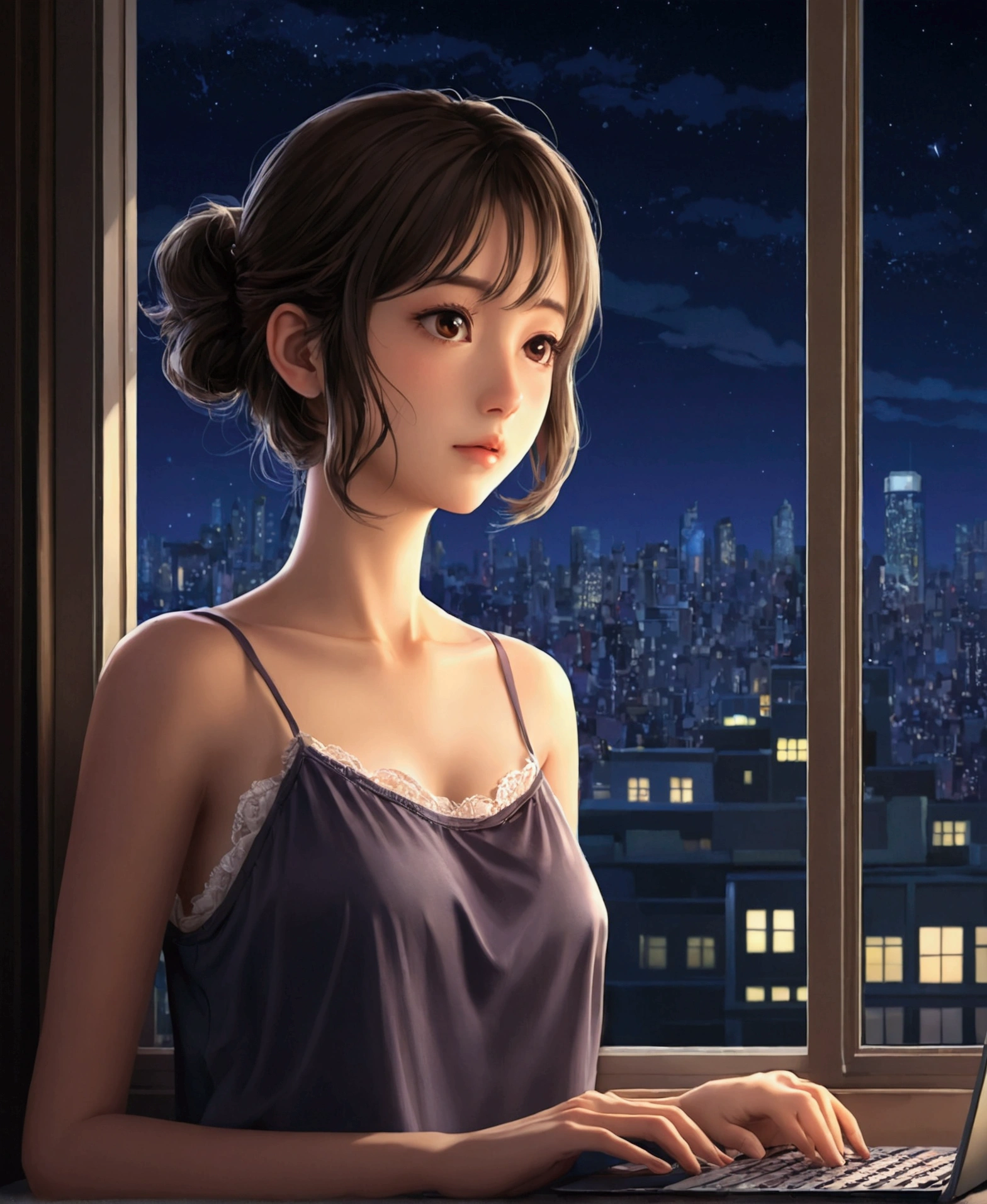 One Girl、think、camisole、chest、Baby Face、Computer work、Window、ht view、Late NigAnime illustration