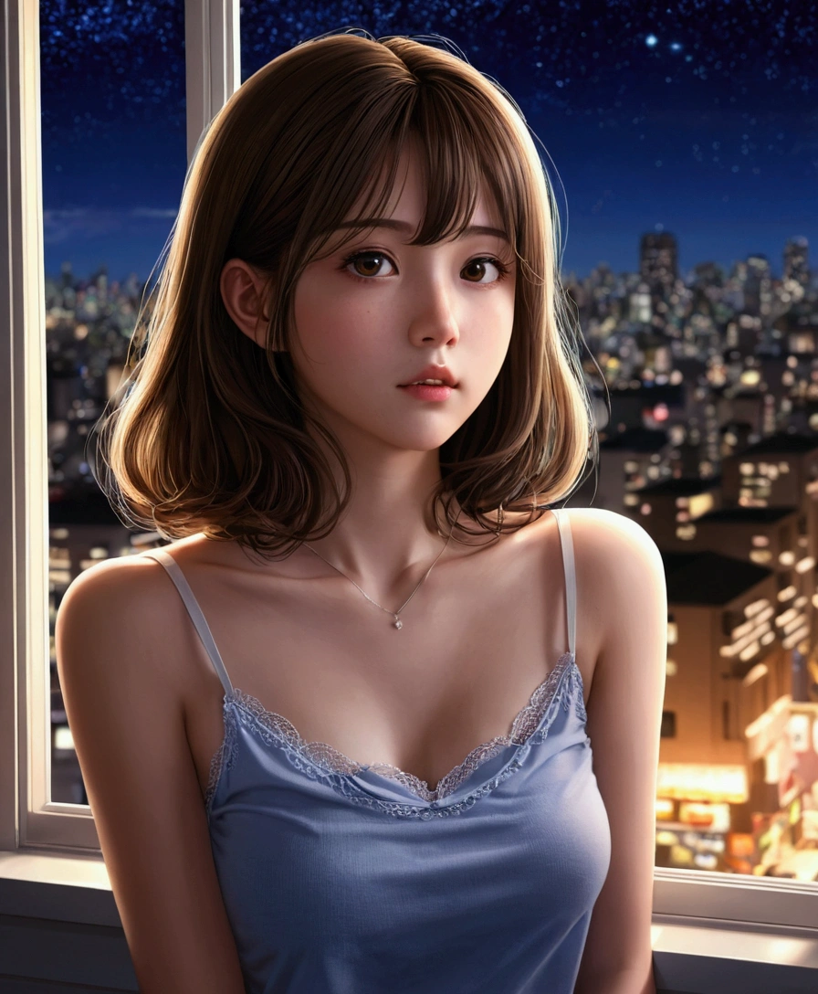One Girl、think、camisole、chest、Baby Face、Computer work、Window、Night view、Late Night、Anime illustration