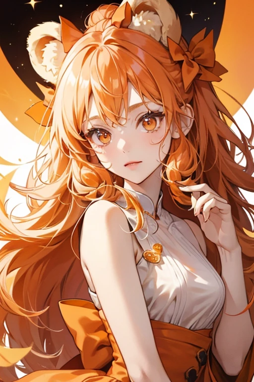 Pale orange girl roll num with a basic expression and a orange jelly swirl. She has bear ears and very pale red cheeks. On her head is a leaf bow with an orange sphere at the middle. SPARKLE; GLITTER