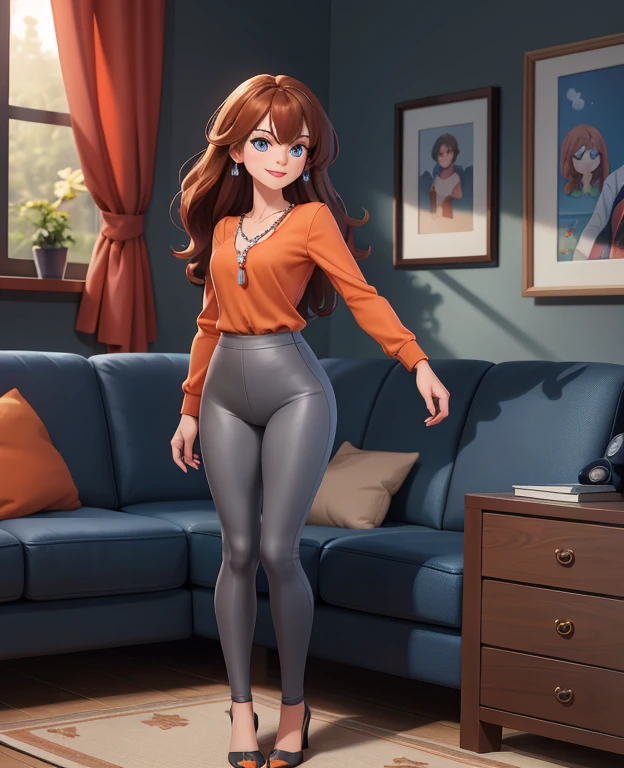 8K, Ultra HD, super details, high quality, high resolution, Masterpiece, intricate details, full body portrait, front view, 1female, solo, 38 year old female, adult female, long brown hair, bangs, blue eyes, red lipstick, mascara, medium breasts, red manicured nails, looking at viewer, whimsical expression, calm smile, ((Wearing: Orange V-neck shirt with long sleeves, pearl necklace, grey leggings, and heels)), standing, looking at viewer, (Background: Indoors, living room, couch, TV),