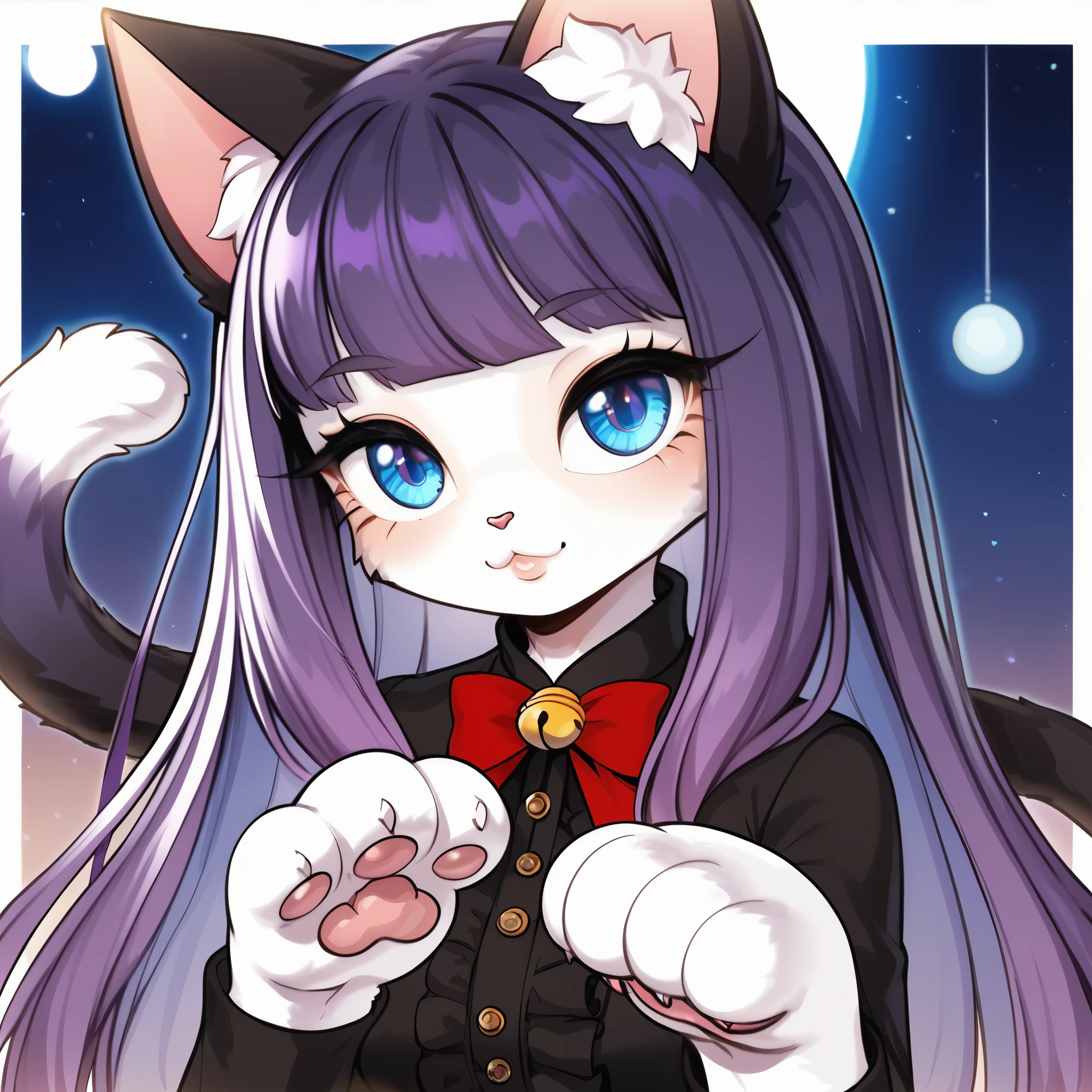 1girl, ((((furry)))), (((fur))), cat ears, cat tail, paws, cat paws, cat, ((cat girl)), ((curvy)), (((cute face))), long hair, bangs, purple hair, gorgeous blue eyes, big eyes, anime eyes, eyeliner, long lashes, soft and full lips, black clothes